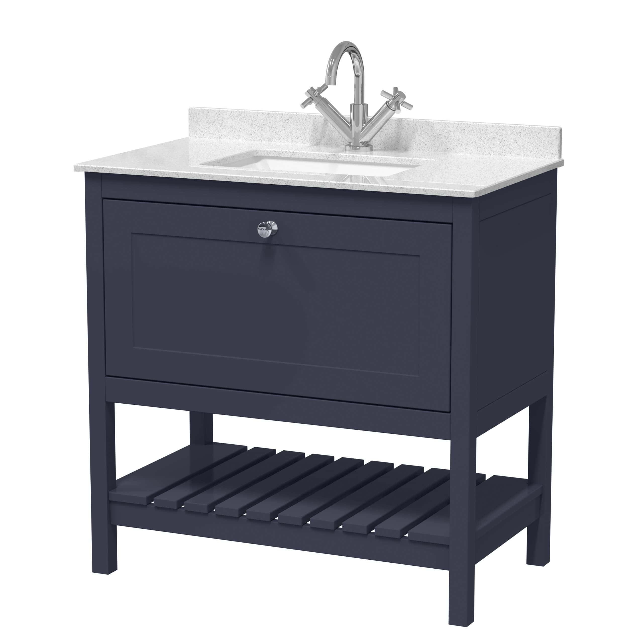 Modern bathroom vanity unit with a white countertop, integrated sink, and navy blue cabinet and slatted shelf underneath, perfect for stylish bathroom storage and setup.