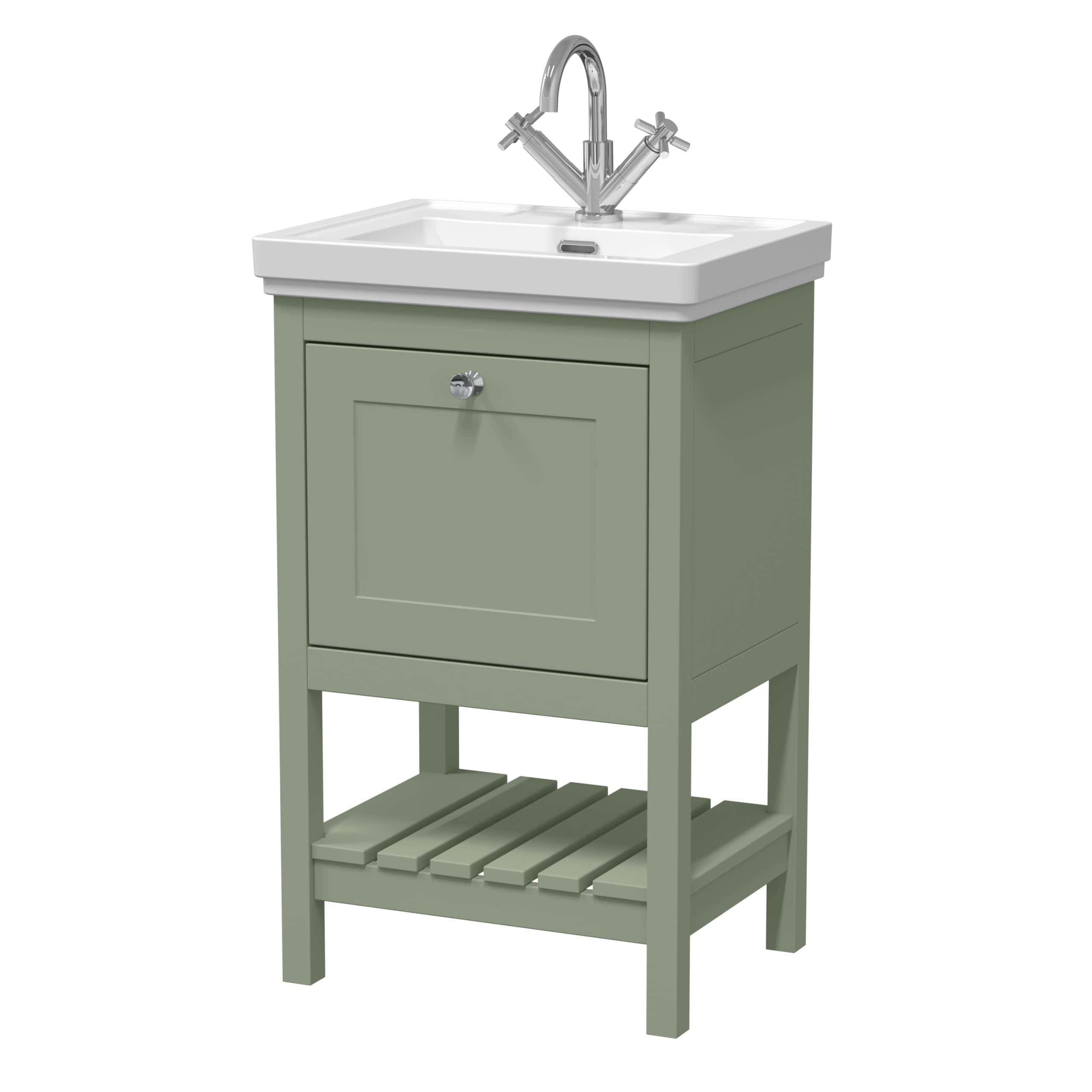 Contemporary bathroom vanity unit with integrated sink and chrome tap, suitable for modern bathroom design, featuring storage cabinet and lower shelf in muted green finish.