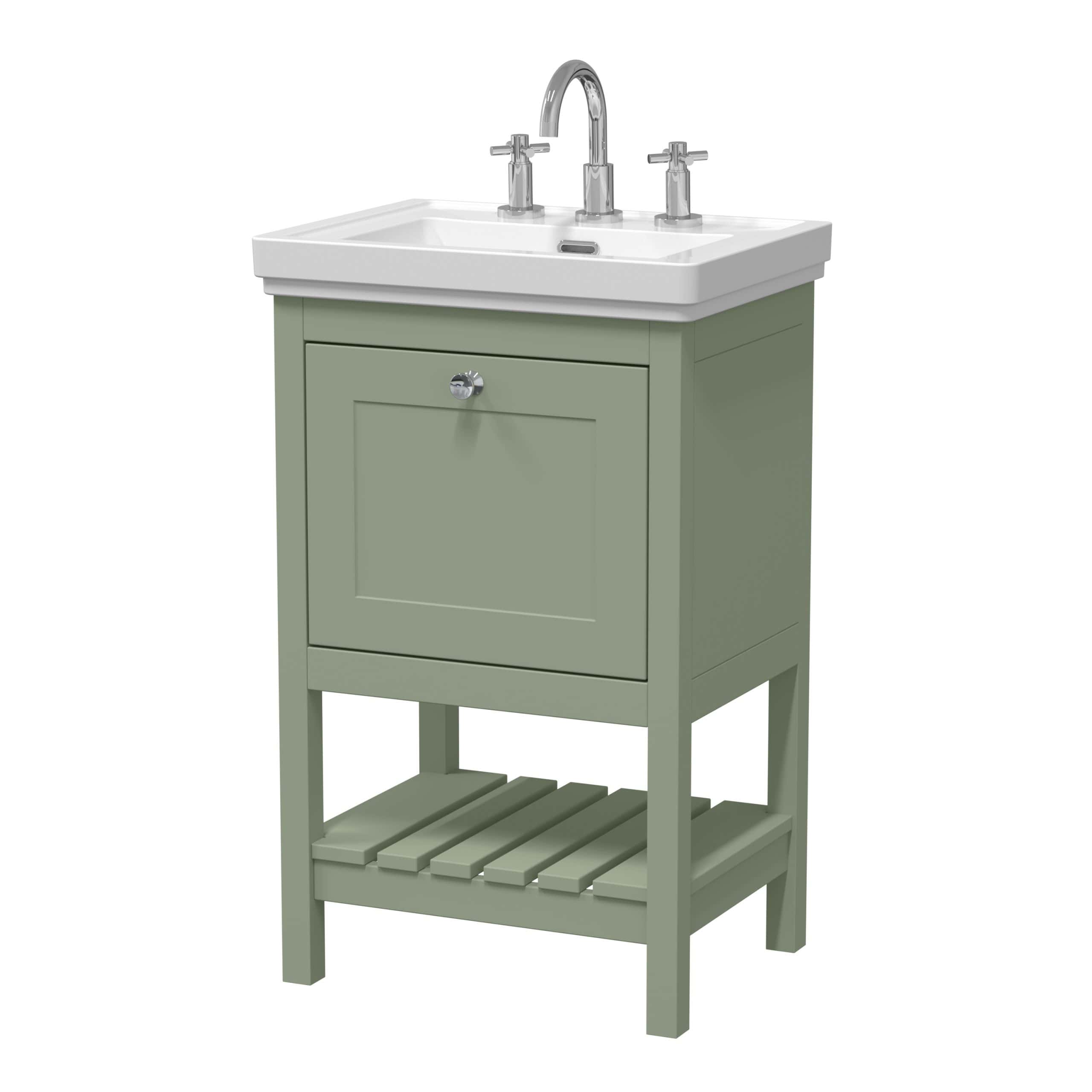 Polished bathroom vanity with a white ceramic sink, chrome taps, and a light green wooden cabinet with a lower slatted shelf, perfect for stylish bathroom storage and decoration.