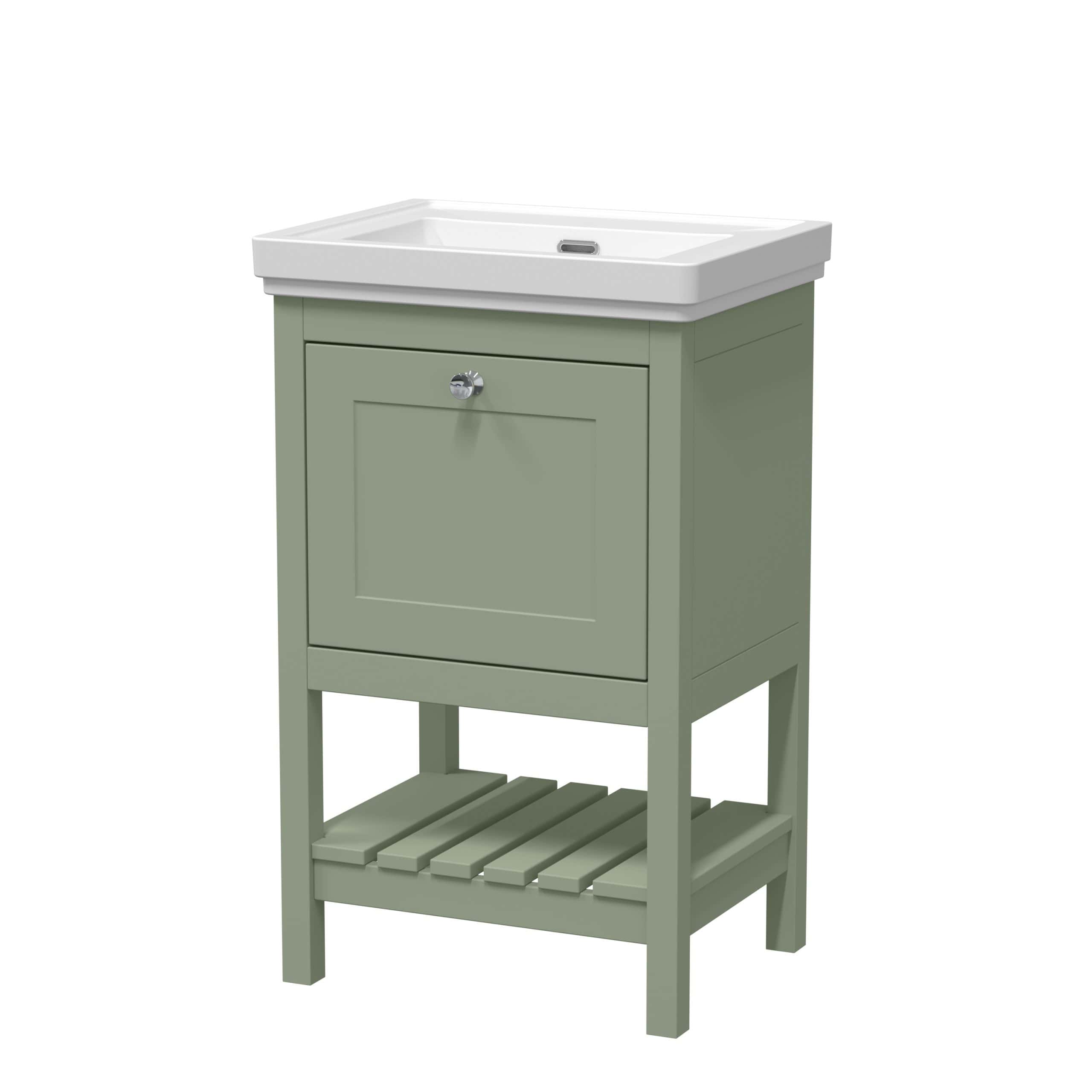 Light green bathroom vanity with a white ceramic sink and storage cabinet, ideal for modern bathroom design. Features a slatted lower shelf for additional organisation and a sleek chrome knob.