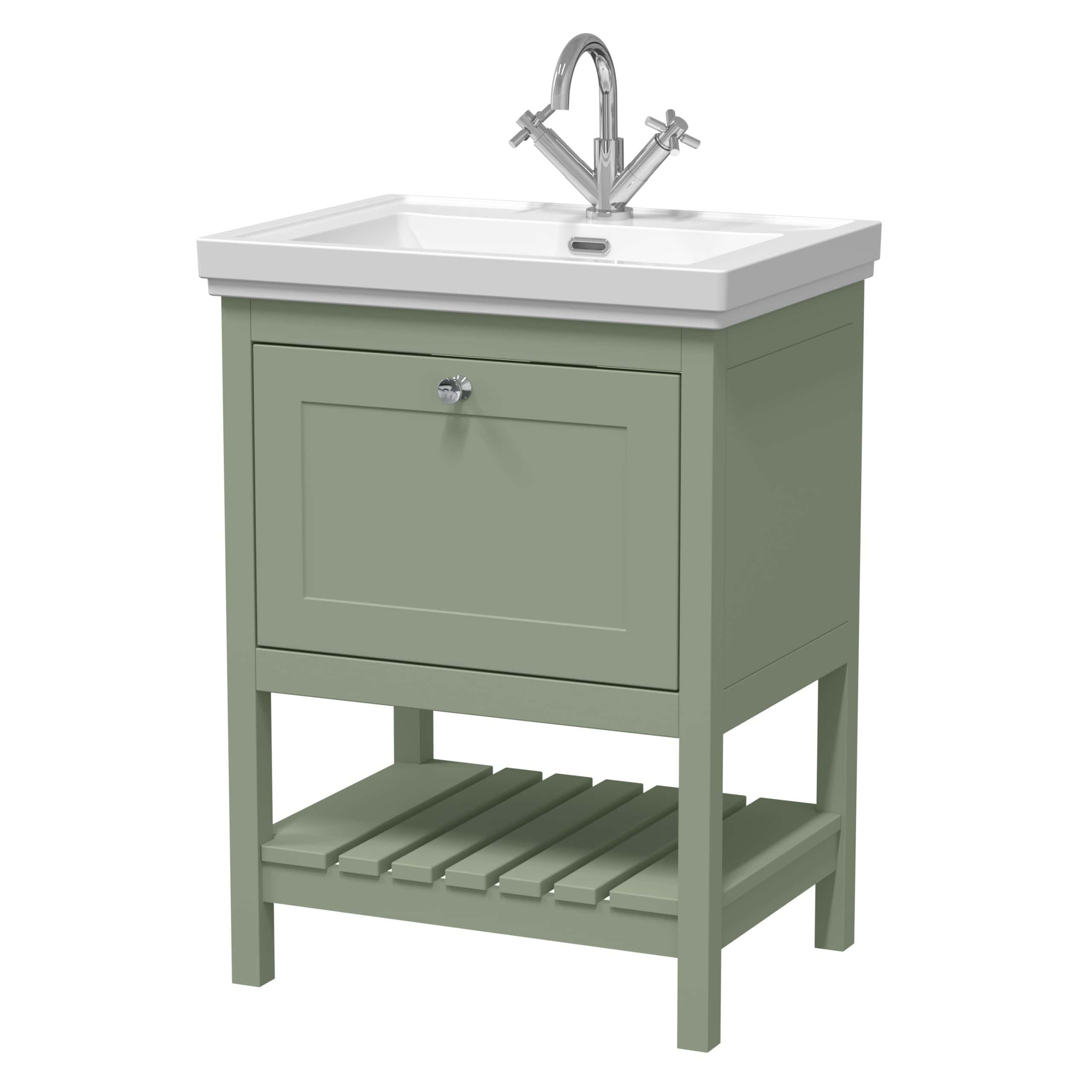 Vintage bathroom vanity unit with sink and chrome tap, featuring a modern green finish and open shelf storage, ideal for enhancing bathroom decor.