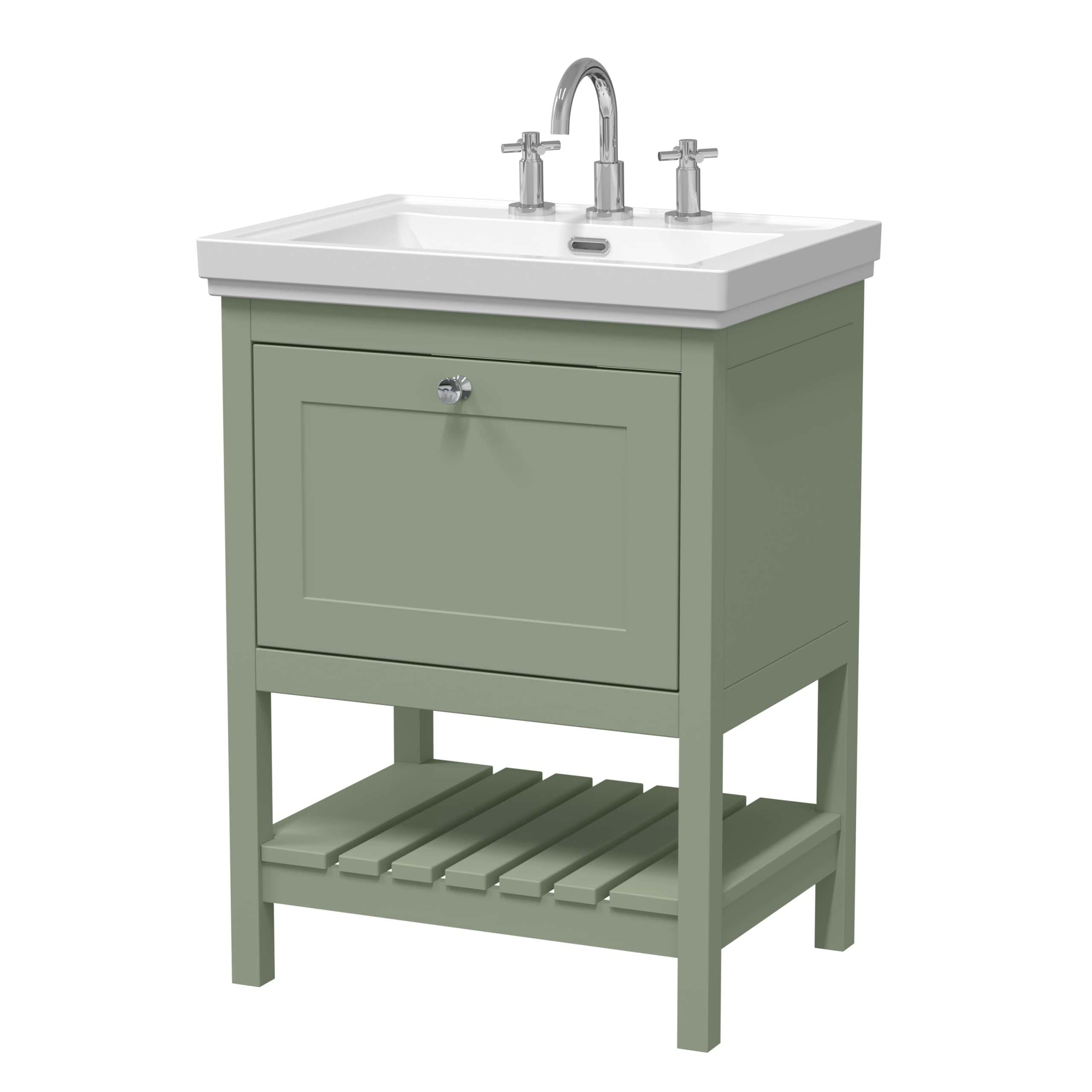 Vintage bathroom sink unit with a green wooden cabinet and white ceramic basin, featuring a chrome faucet and storage space below, suitable for modern or traditional bathroom decor.