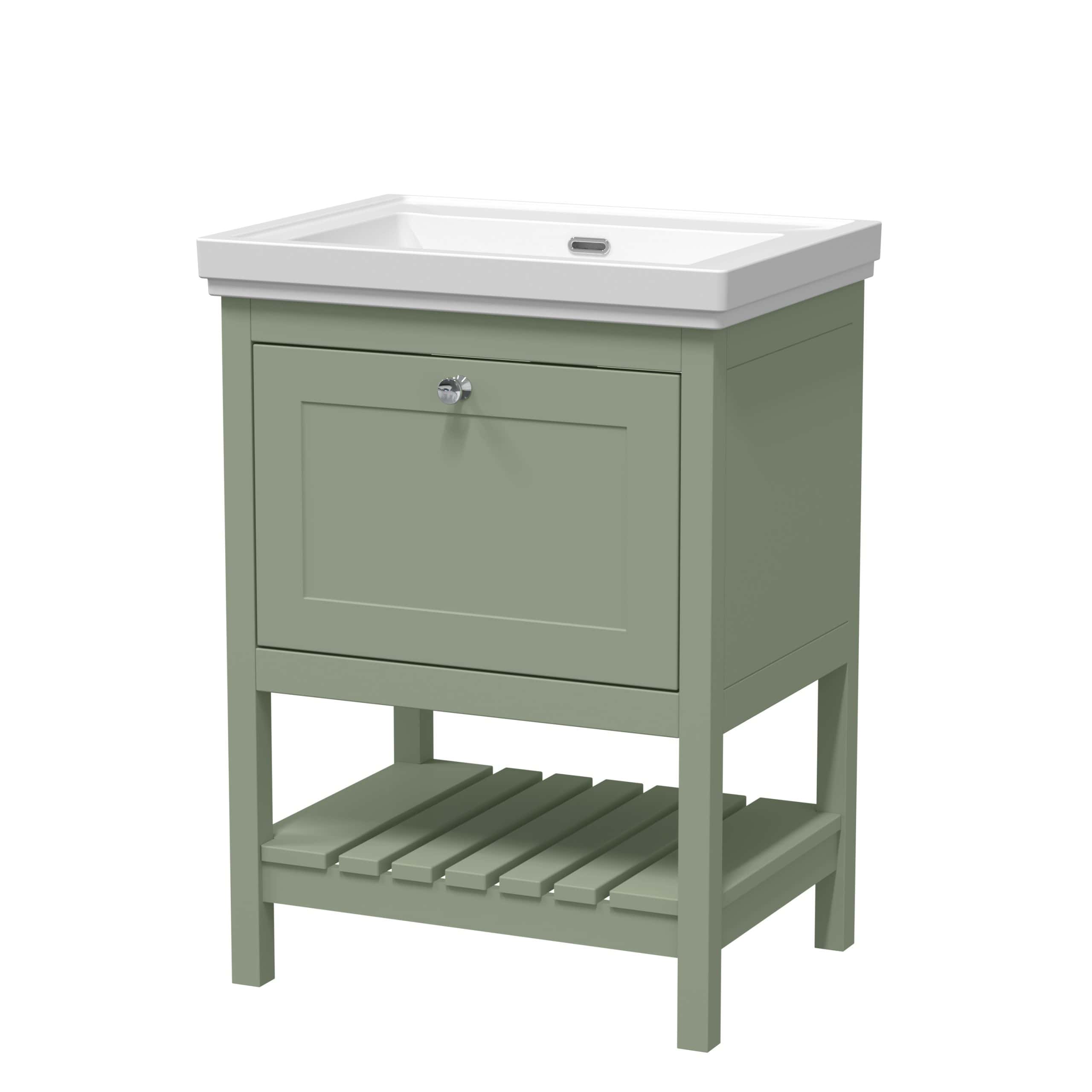 Modern bathroom sink vanity with storage cabinet and towel shelf, in sage green colour. Perfect for contemporary bathroom decor, combining practicality and style.