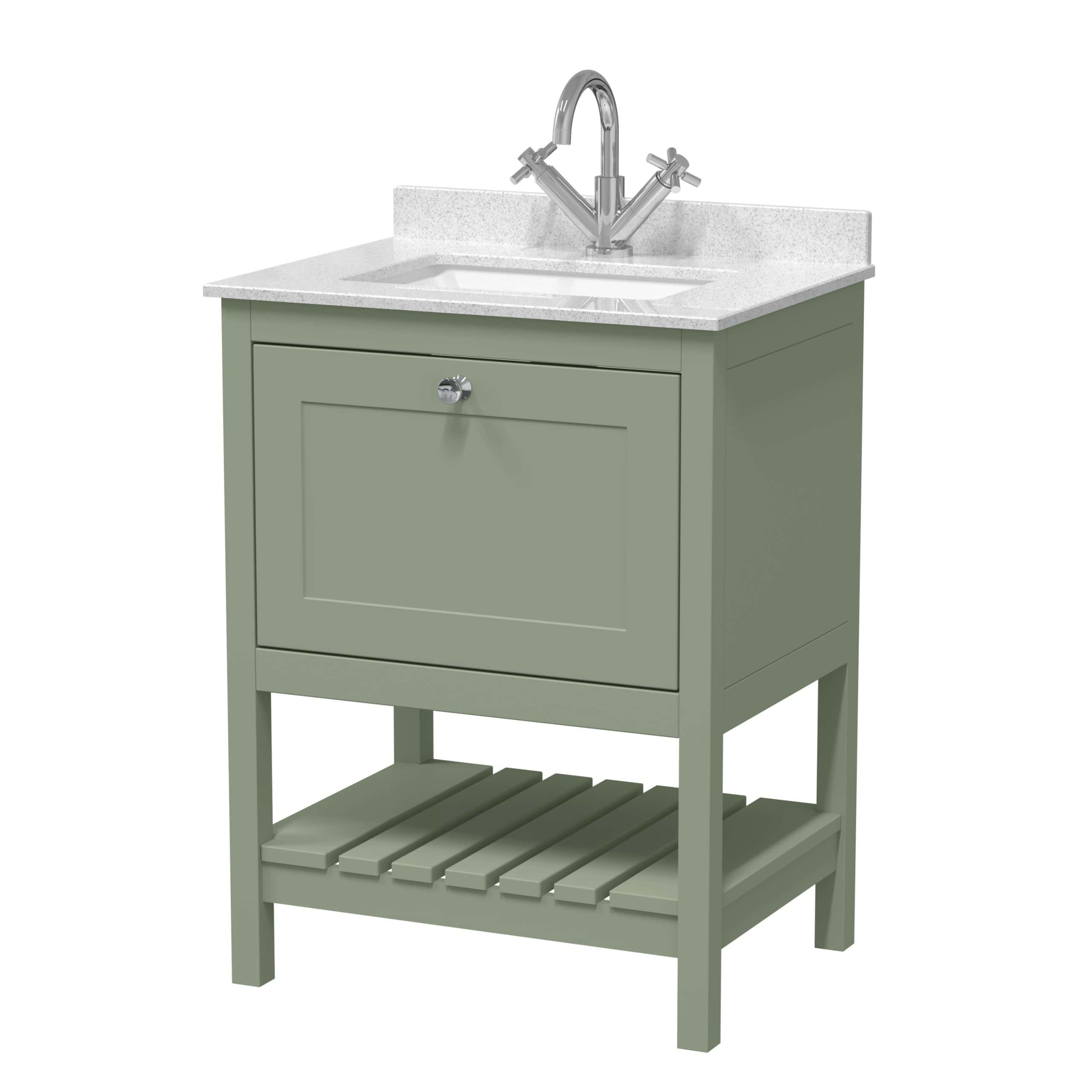 Stylish green bathroom vanity with a white countertop and modern chrome tap, perfect for upgrading your bathroom sink area. Made with durable materials and elegant finishing.