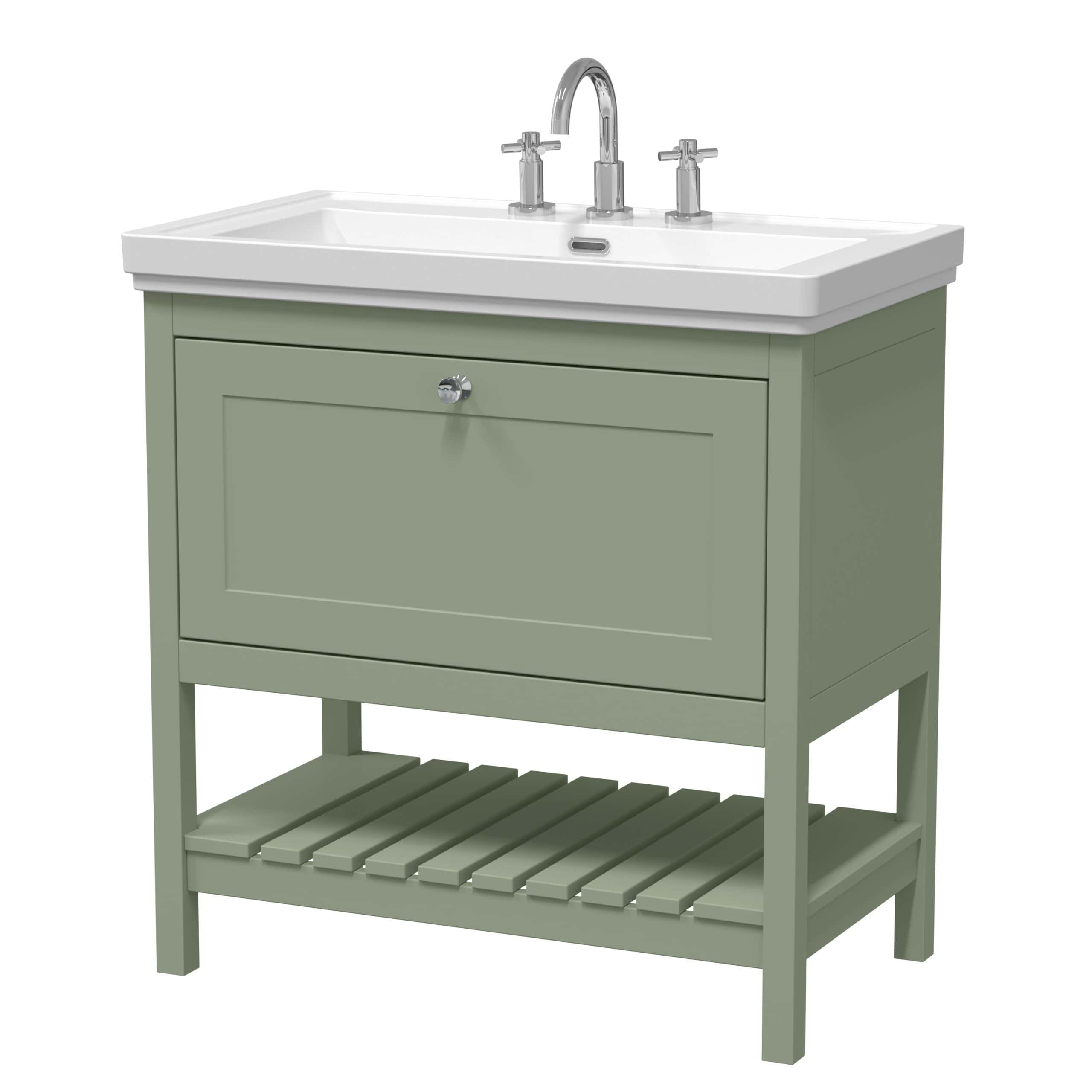 Modern bathroom vanity with a white ceramic sink, chrome tap, and storage cabinet in sage green with slatted wooden shelf for bathroom storage and organisation.