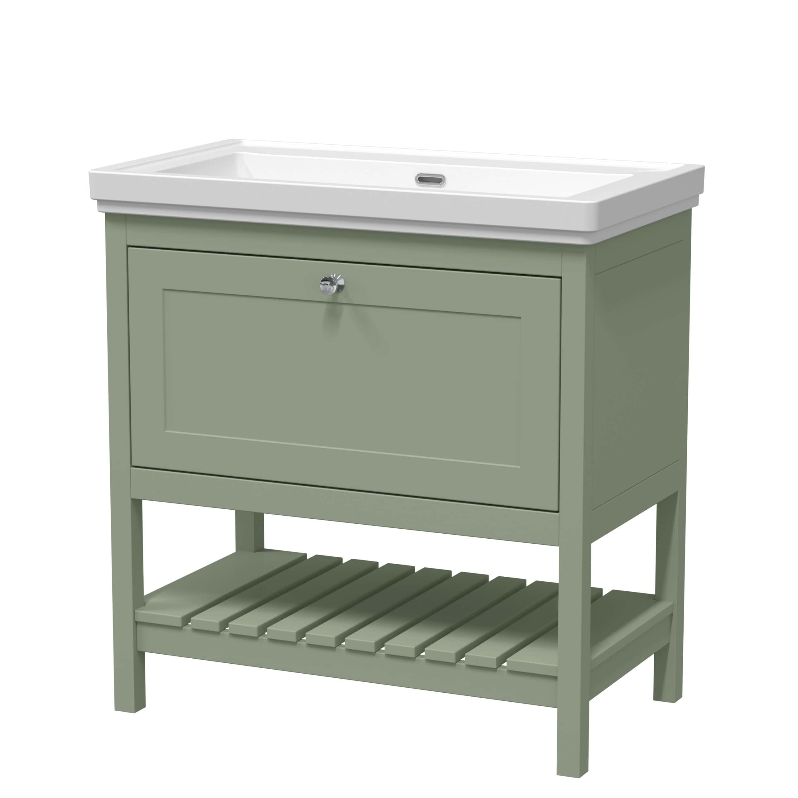 Modern bathroom vanity with a green-painted wooden cabinet, integrated white ceramic sink, and open slatted shelf at the bottom, ideal for stylish bathroom storage and organisation.