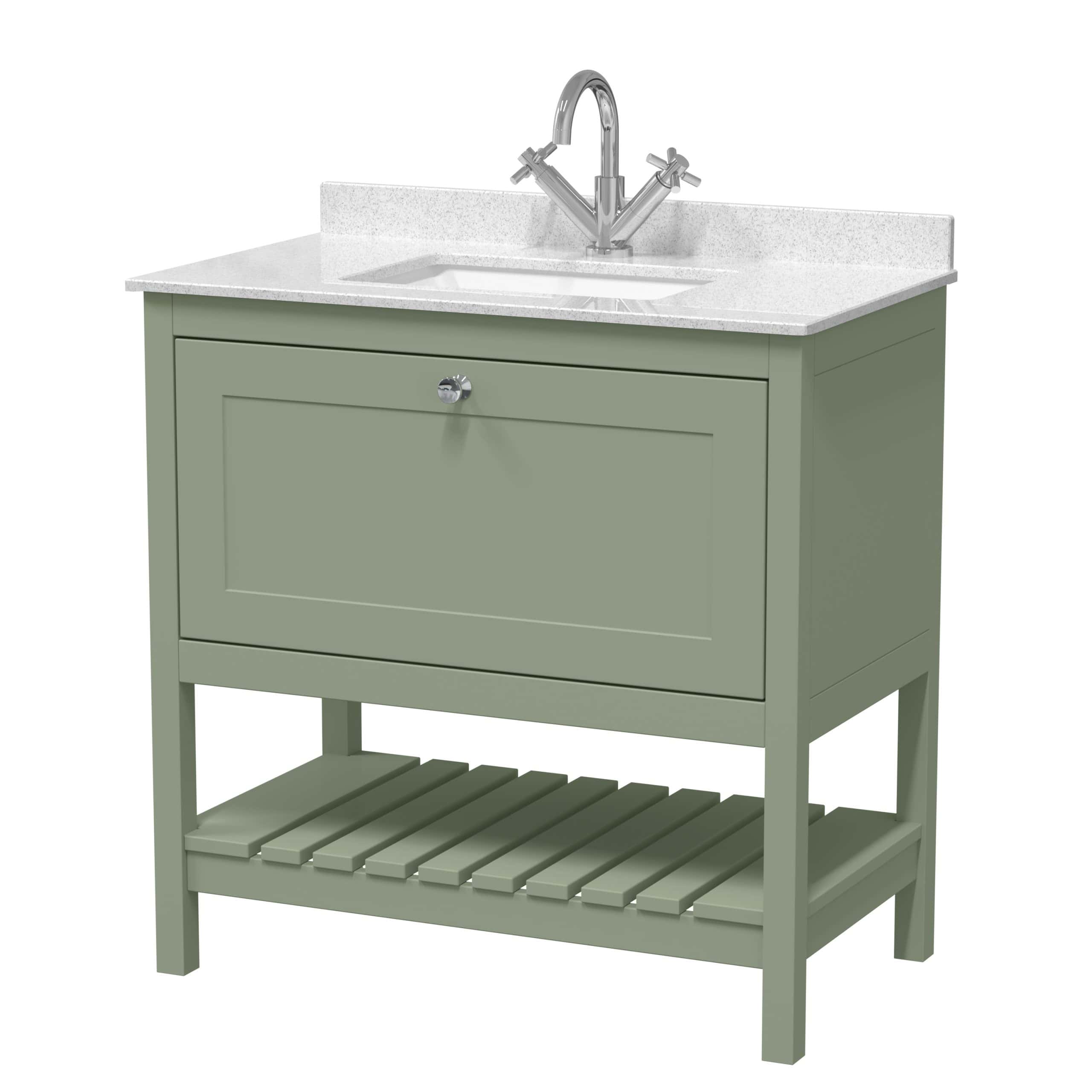 Modern bathroom vanity unit with integrated sink, chrome tap, and storage cabinet, perfect for stylish bathroom upgrades and easy organisation.