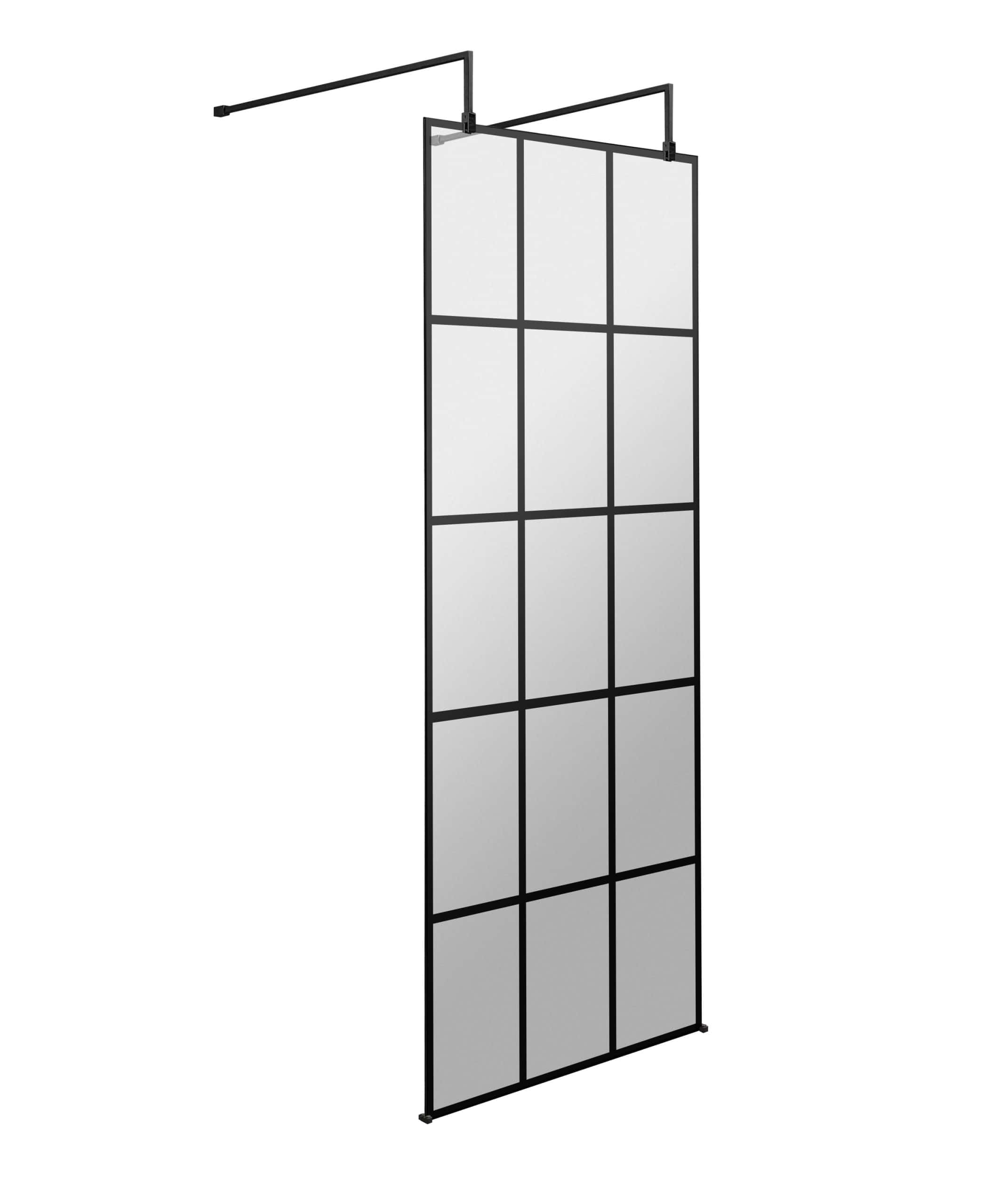 Frameless black metal and mirrored folding shower screen for modern bathrooms, providing a stylish and space-saving solution. Ideal for contemporary bathroom designs and enhancing shower area functionality.
