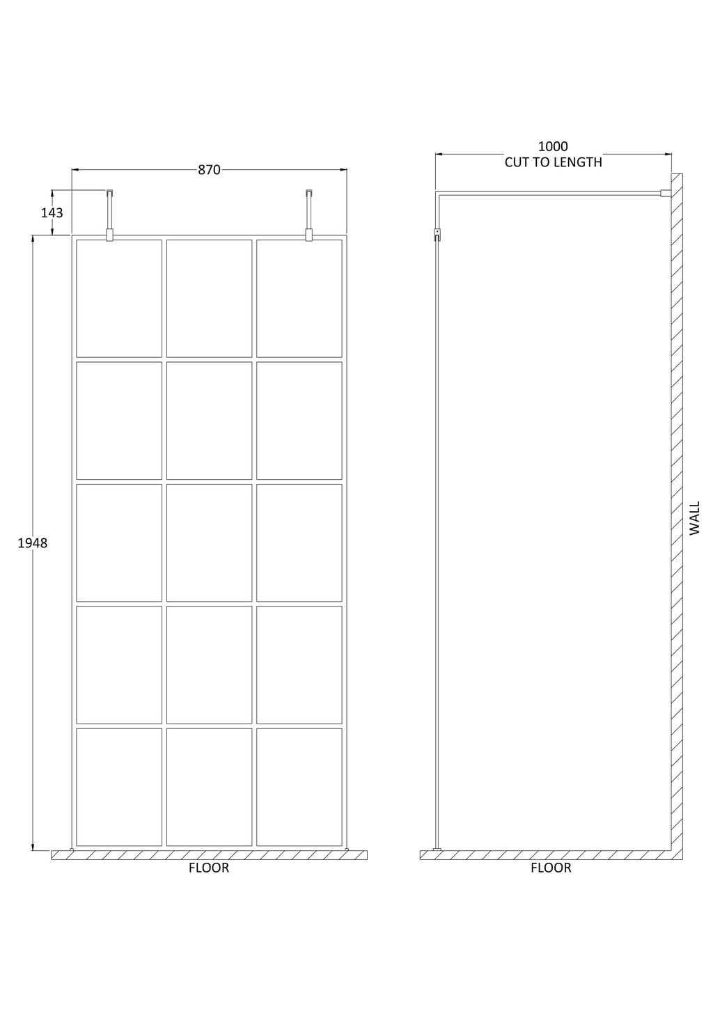 High-quality glass shower screen with grid pattern, perfect for modern bathroom renovations. Customisable size to fit seamlessly within your bathroom space. Durable and sleek design for stylish bathrooms.
