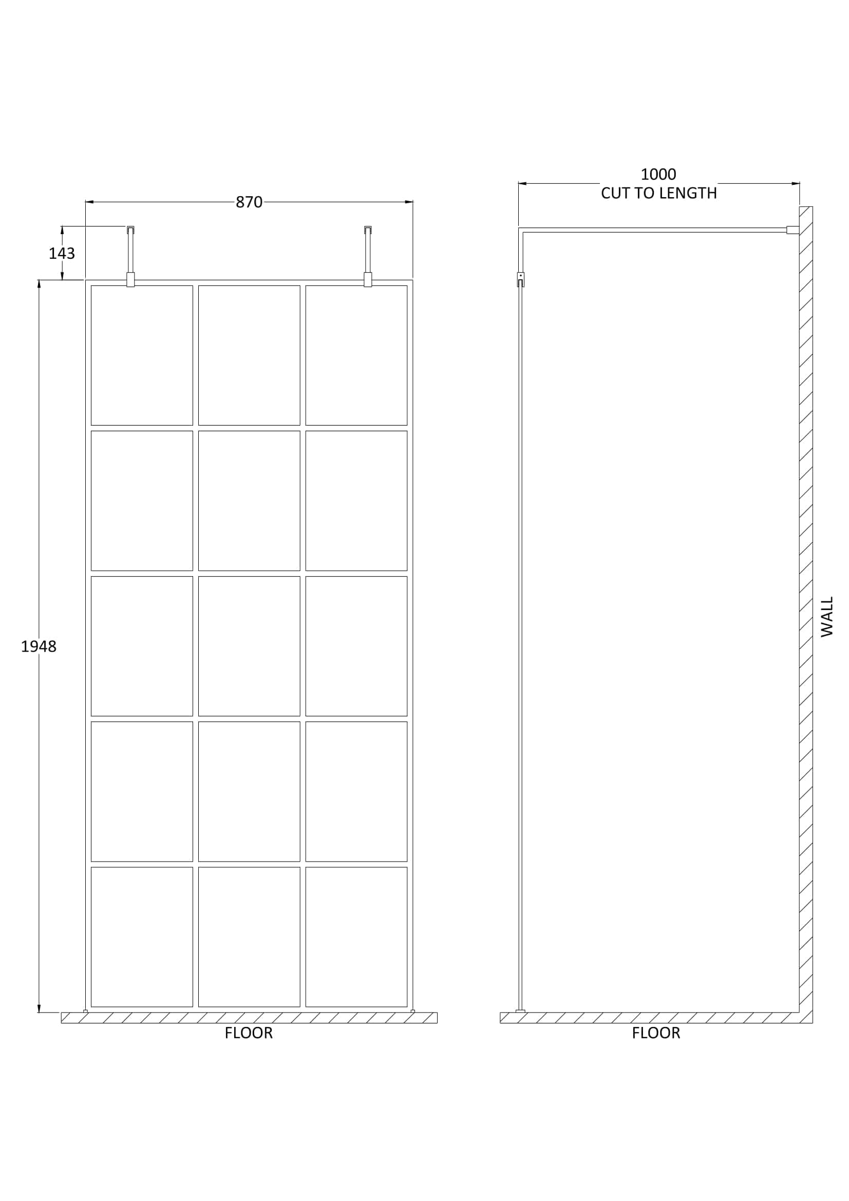 High-quality glass shower screen with grid pattern, perfect for modern bathroom renovations. Customisable size to fit seamlessly within your bathroom space. Durable and sleek design for stylish bathrooms.