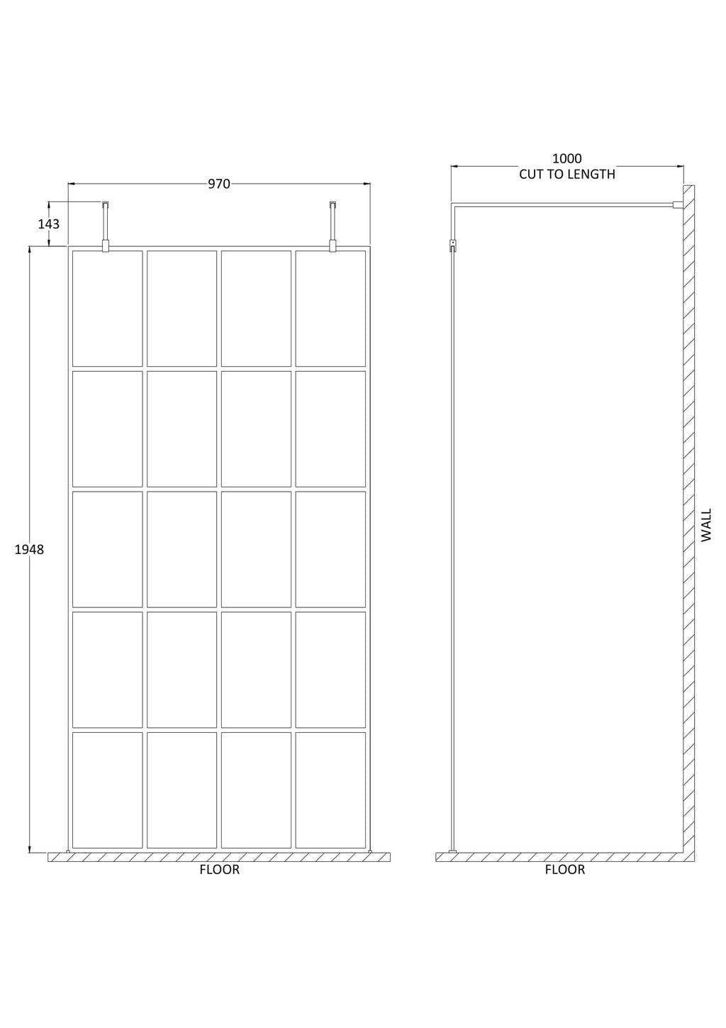 Aluminium shower screen with grid design for modern bathrooms, featuring callipers for easy installation and adjustable door hinges for a perfect fit in Bubly Bathrooms.