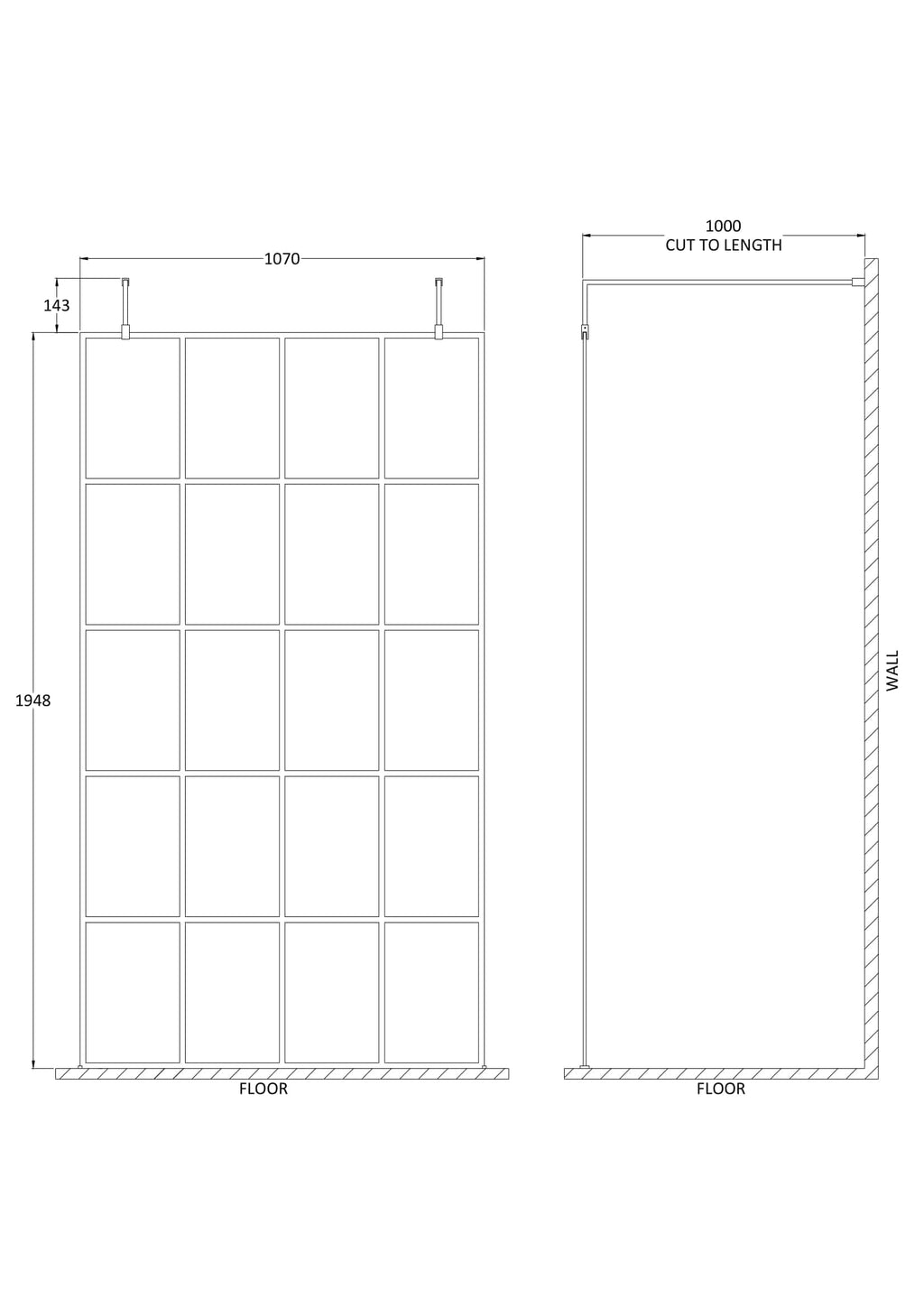 Shower screen installation diagram for Bubly Bathrooms with detailed dimensions and wall fitting illustration.