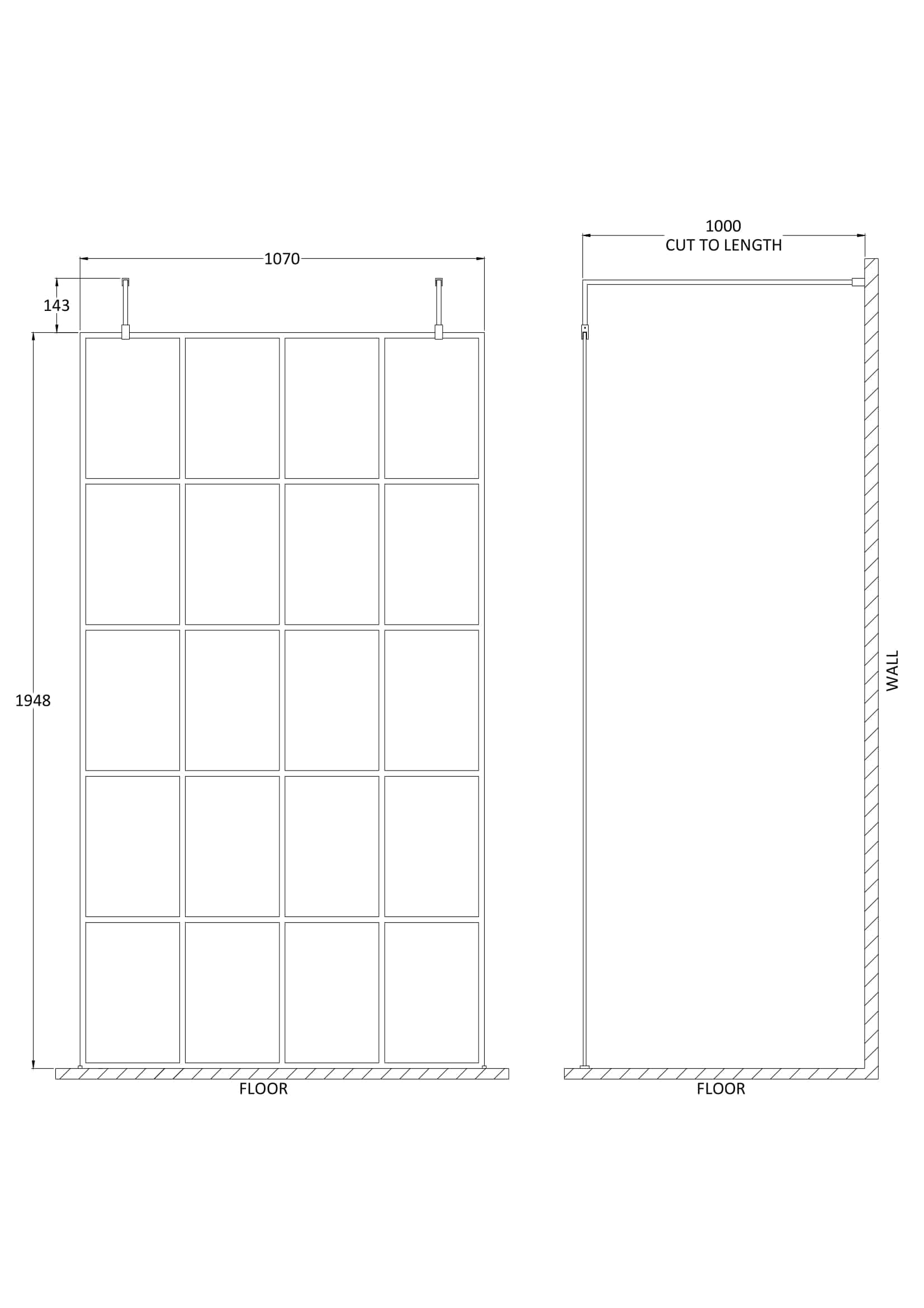 Shower screen installation diagram for Bubly Bathrooms with detailed dimensions and wall fitting illustration.