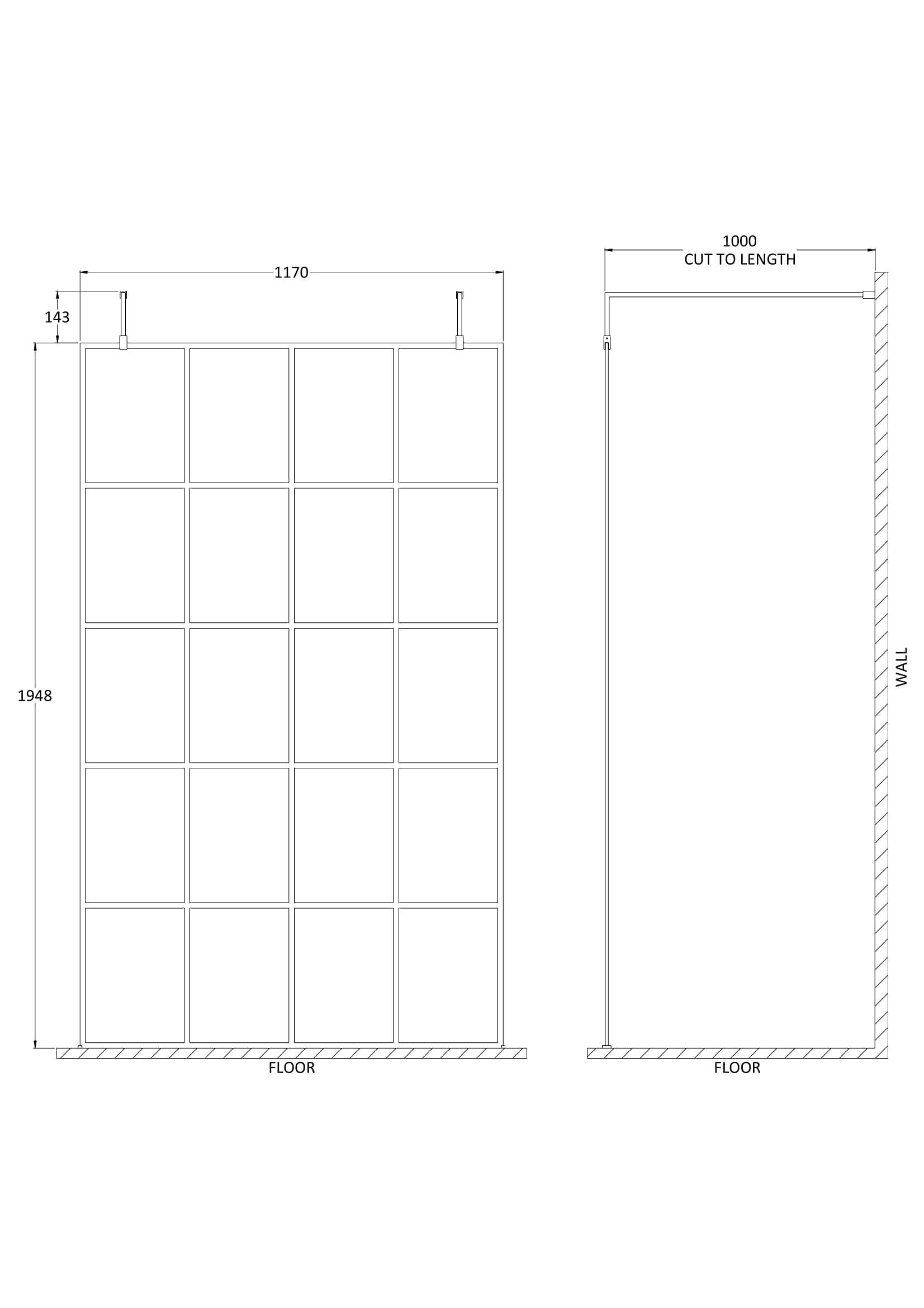 Alfabetical shower enclosure technical drawing with dimensions and installation details for Bubly Bathrooms.