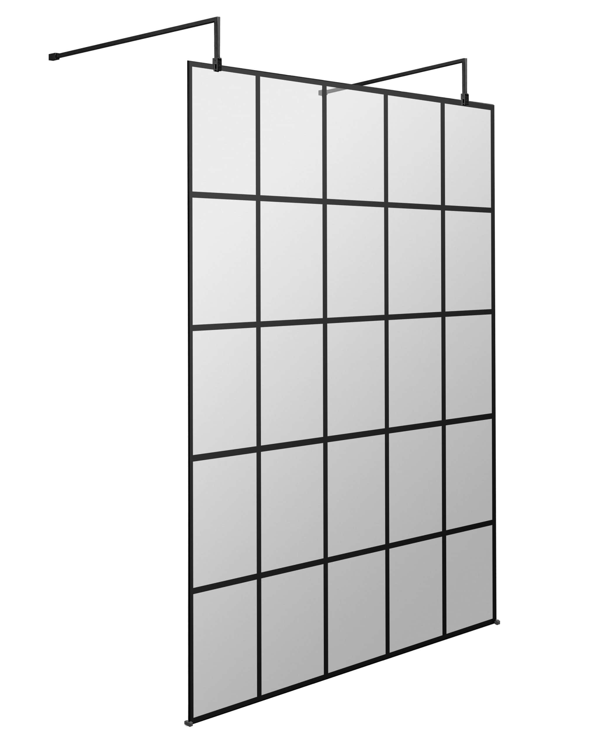 Foldable bathroom screen with black metal frame and frosted glass panels, modern shower enclosure for stylish bathroom renovation.