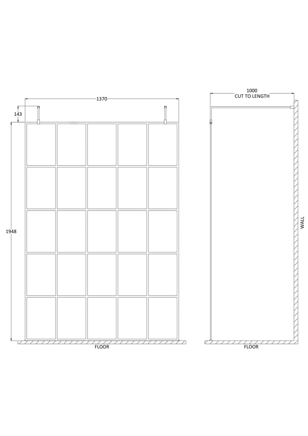 Large glass shower screen with grid pattern for modern Bubly bathrooms, featuring precise dimensions and wall-mounting design. Ideal for stylish and functional bathroom renovation projects.