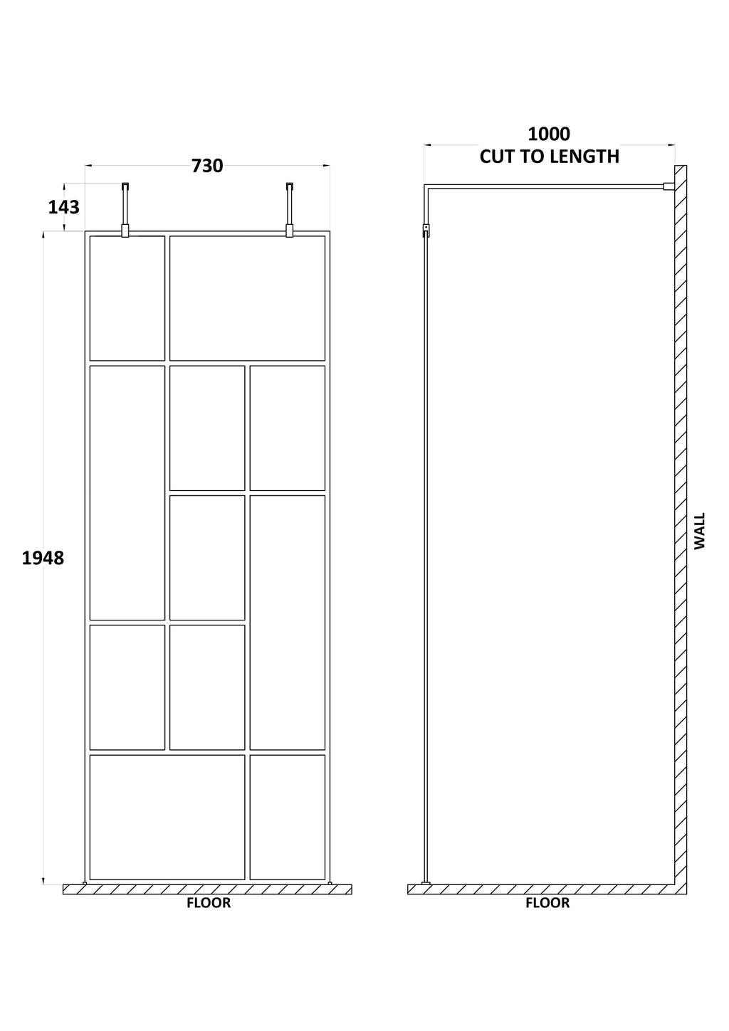 Aluminium shower screen with multiple framed panels for modern bathroom designs. Suitable for Bubly bathrooms, offering stylish shower enclosure solutions.