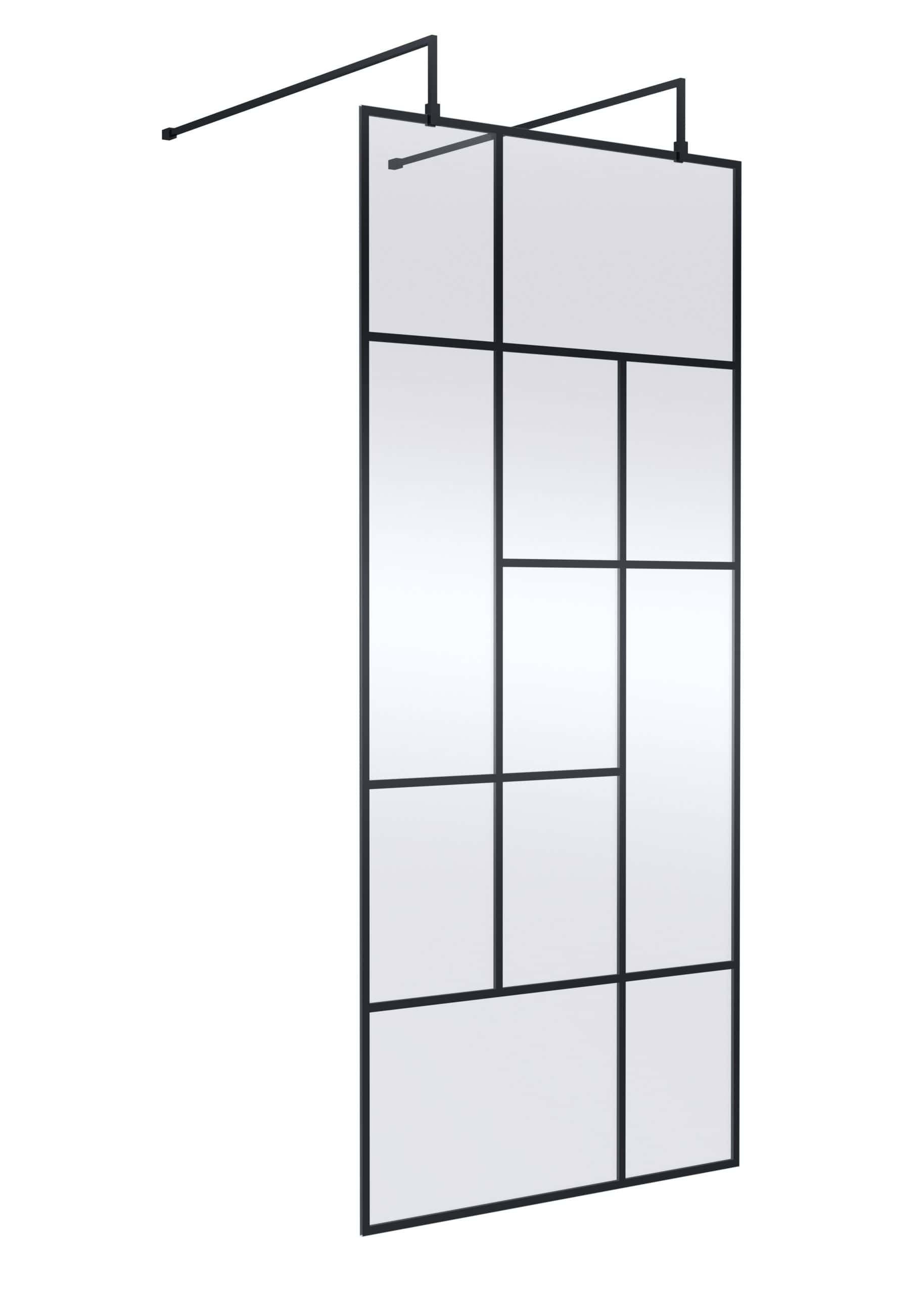 Sleek black metal-framed bathroom mirror with grid design, ideal for modern bathrooms and Vanity areas. Perfect for contemporary bathroom décor and space-enhancing mirrors.