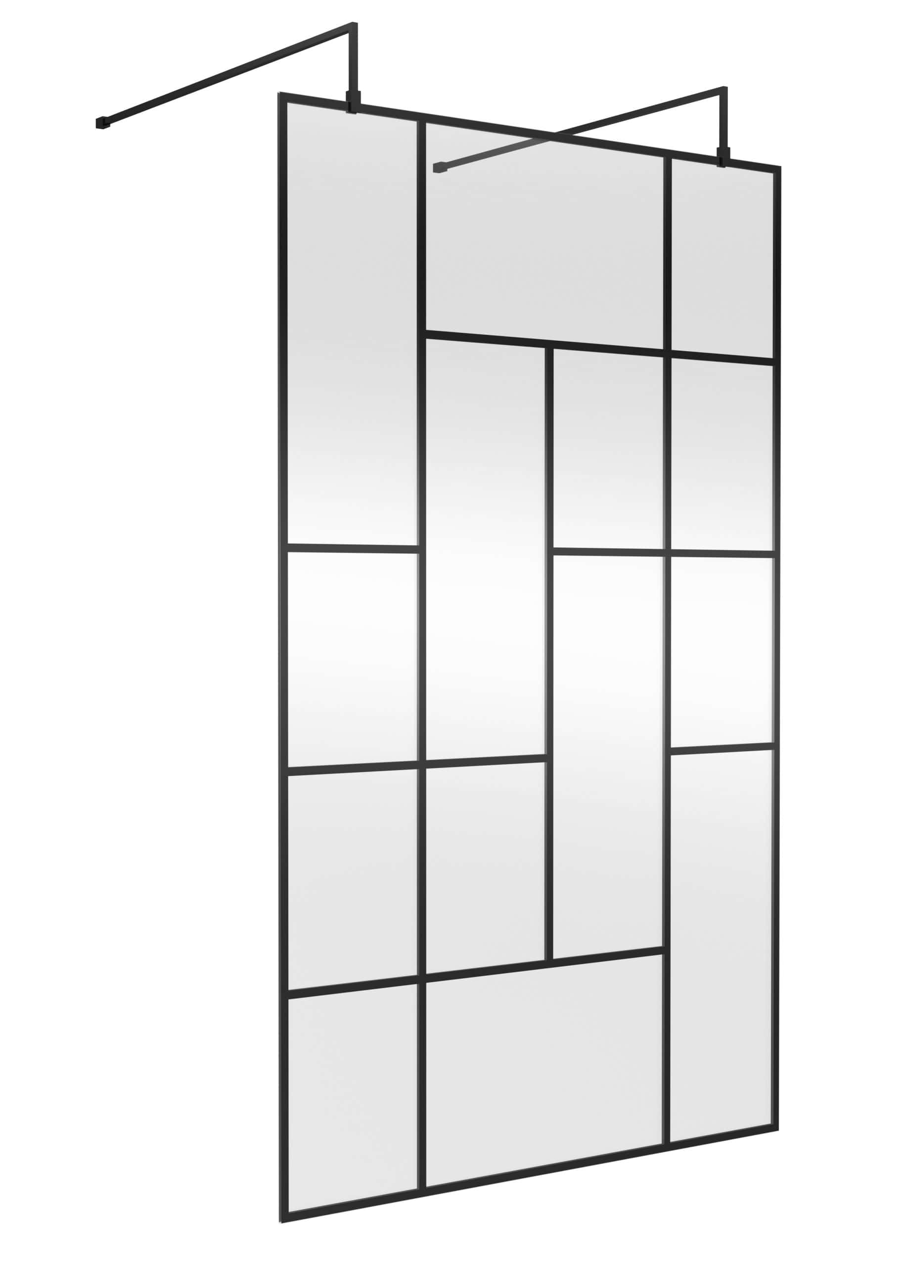 Modern black-framed wall mirror with multiple rectangular panels, sleek and contemporary bathroom decor accessory for stylish Bubly Bathrooms.