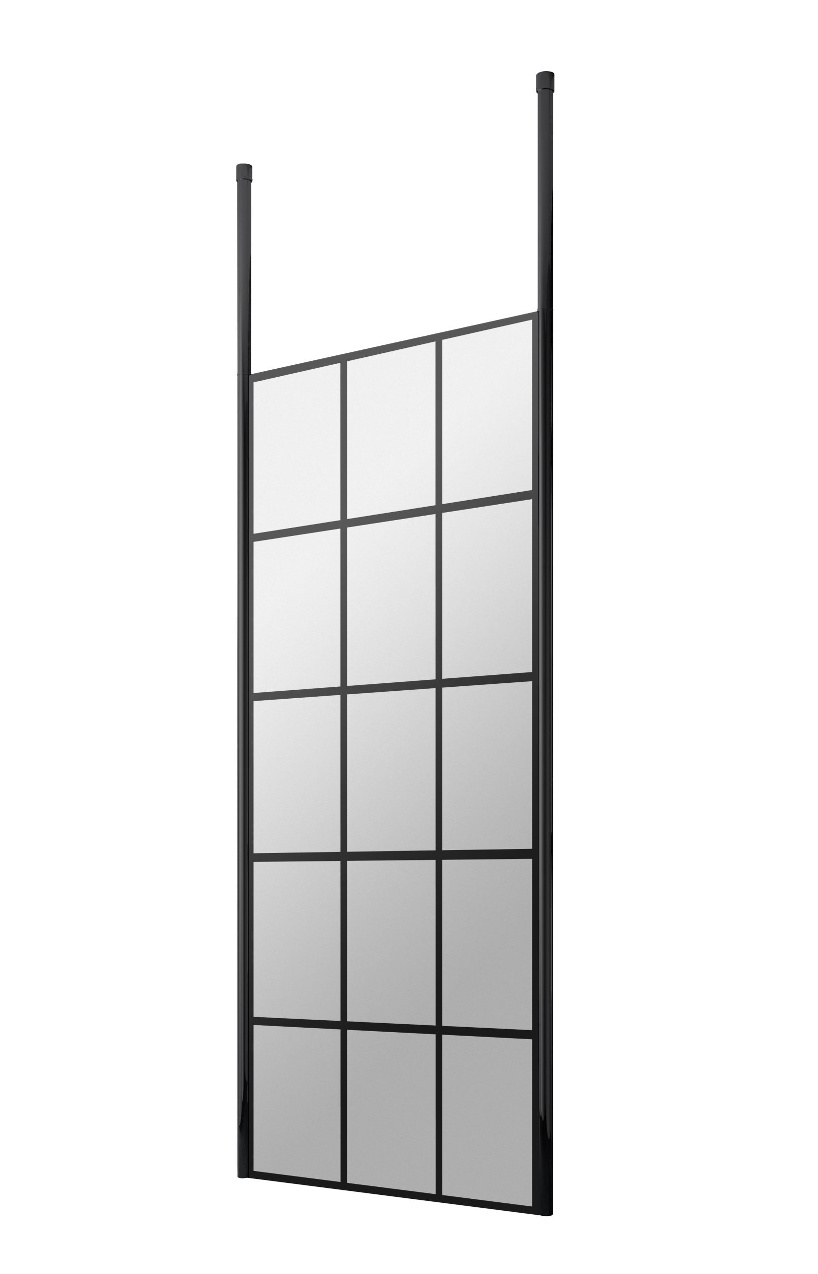 Modern black framed bathroom divider with frosted glass panels for stylish bathtub safety screens.