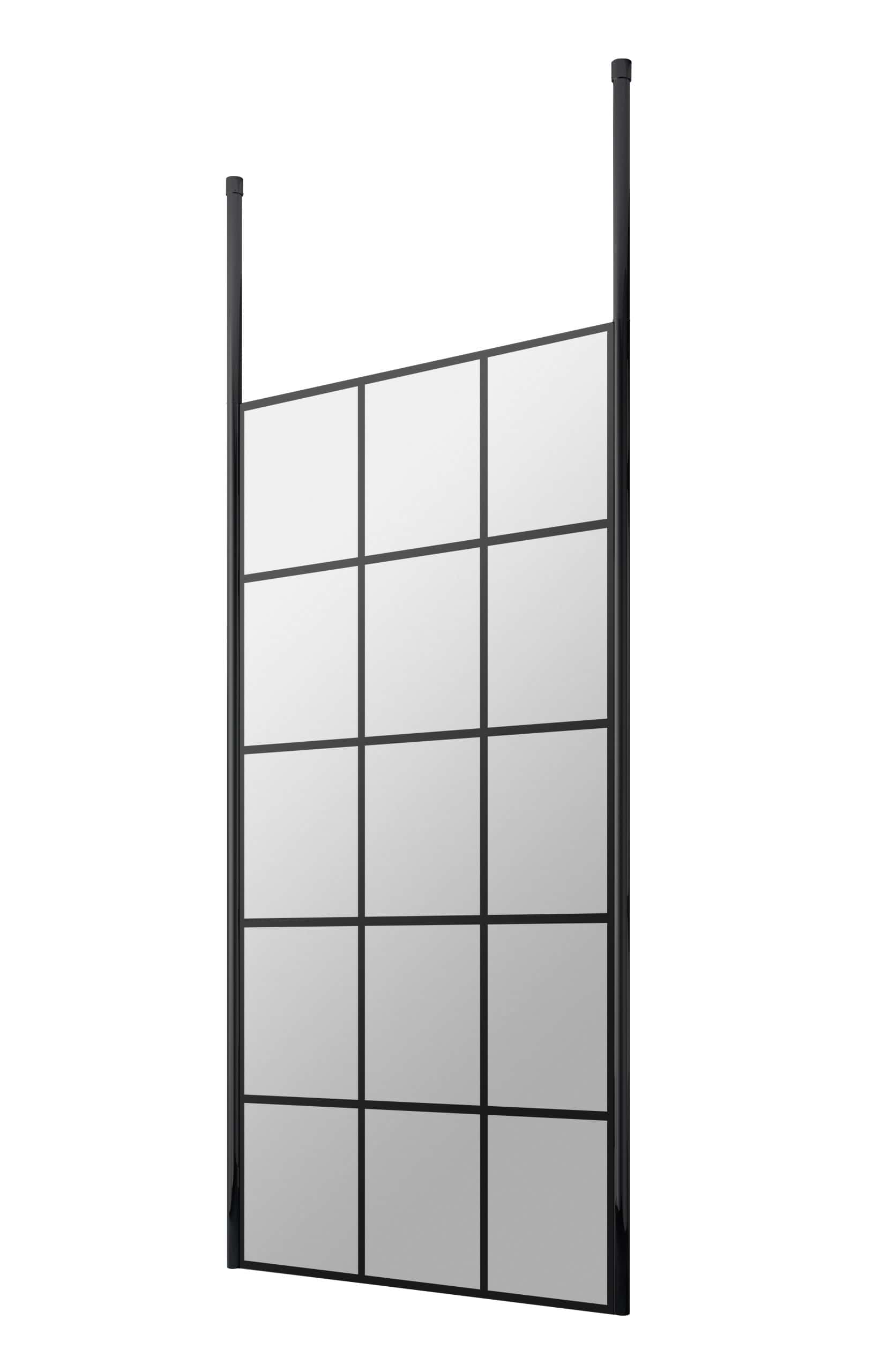 Modern black-framed folding shower screen with multiple glass panels, designed for stylish and functional bathroom shower enclosures.