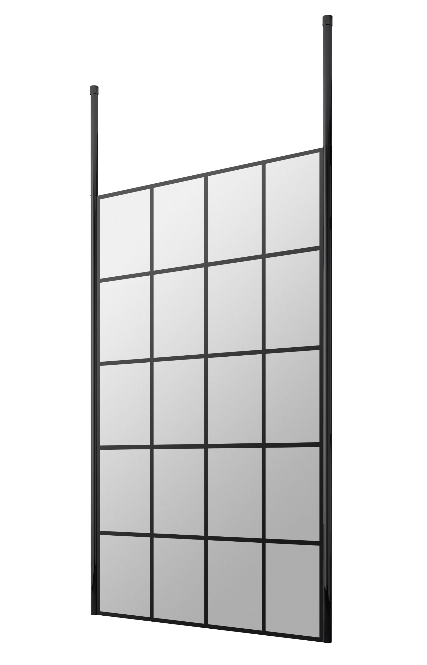 Sleek black-framed bathroom partition with frosted glass panels, perfect for modern and stylish shower enclosures or bathroom divisions.