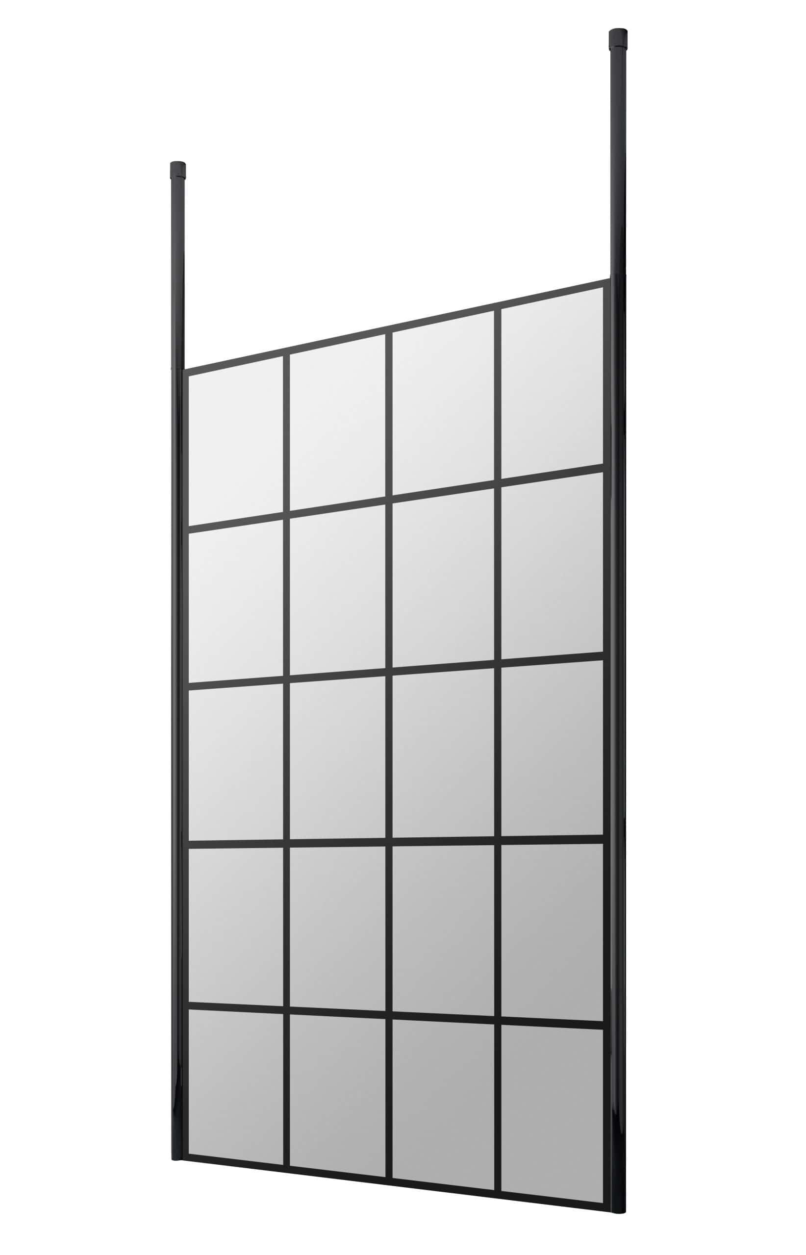 Modern black-framed bathroom shower screen with multiple glass panels, stylish and functional, ideal for contemporary bathroom renovations and waterproof shower enclosures.