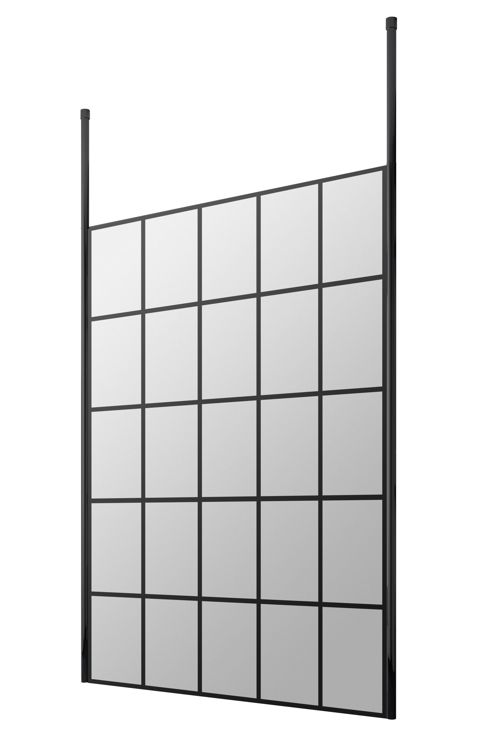 Modern bathroom glass shower screen with black metal frame, ideal for contemporary bathroom design and space-saving shower enclosures.