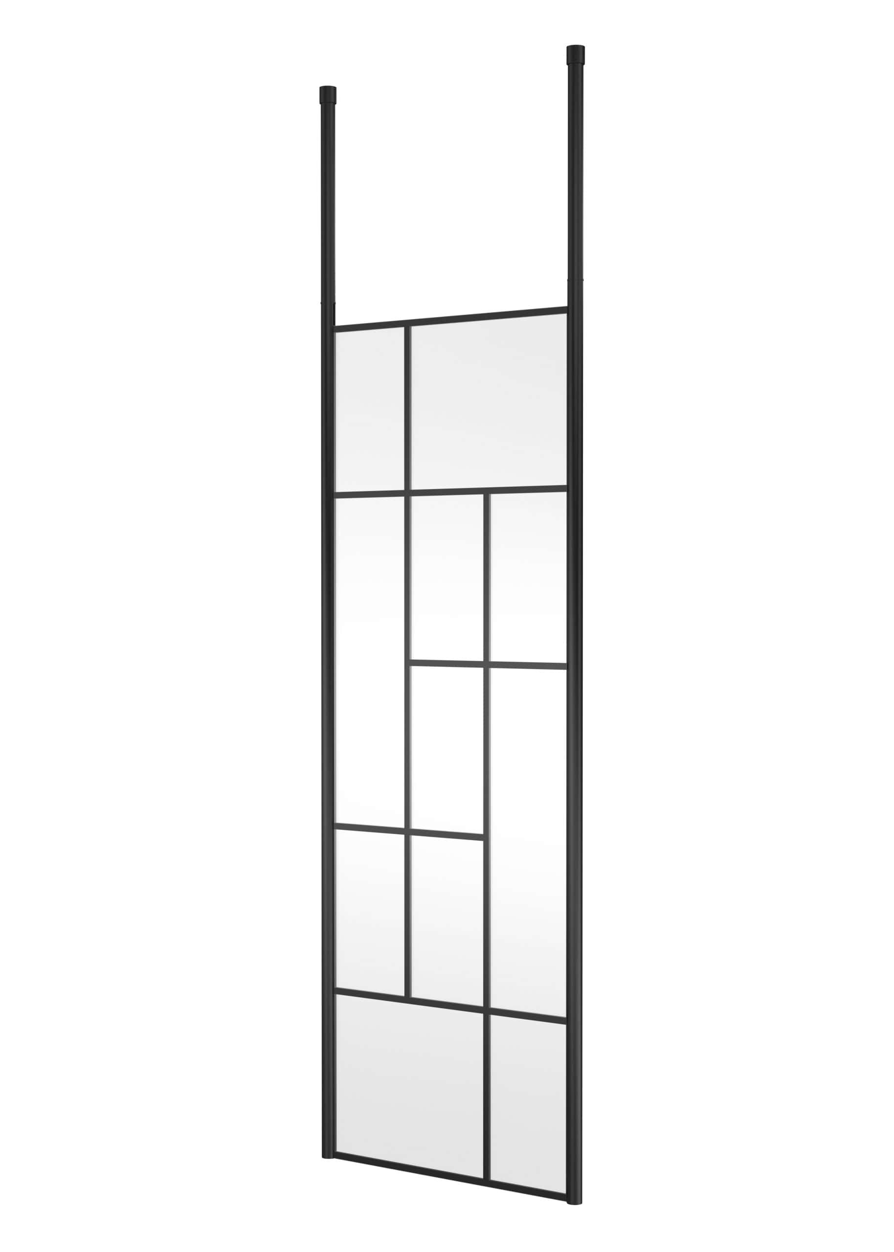 Modern black metal and mirror bathroom storage unit with multiple shelves and compartments.