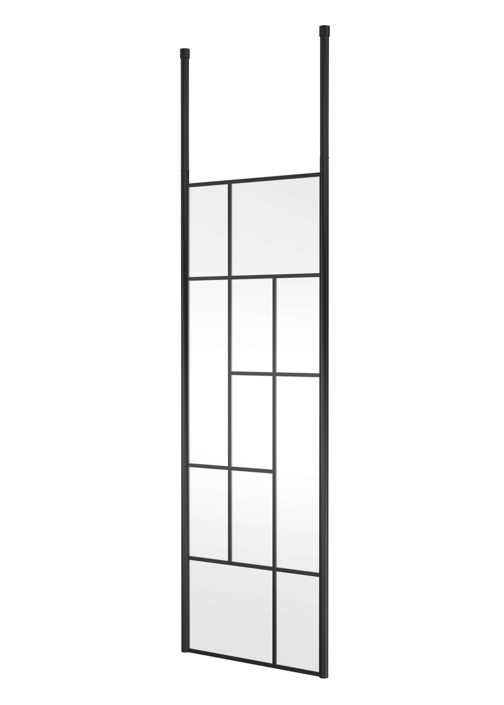 Modern black metal and mirror bathroom storage unit with multiple shelves and compartments.