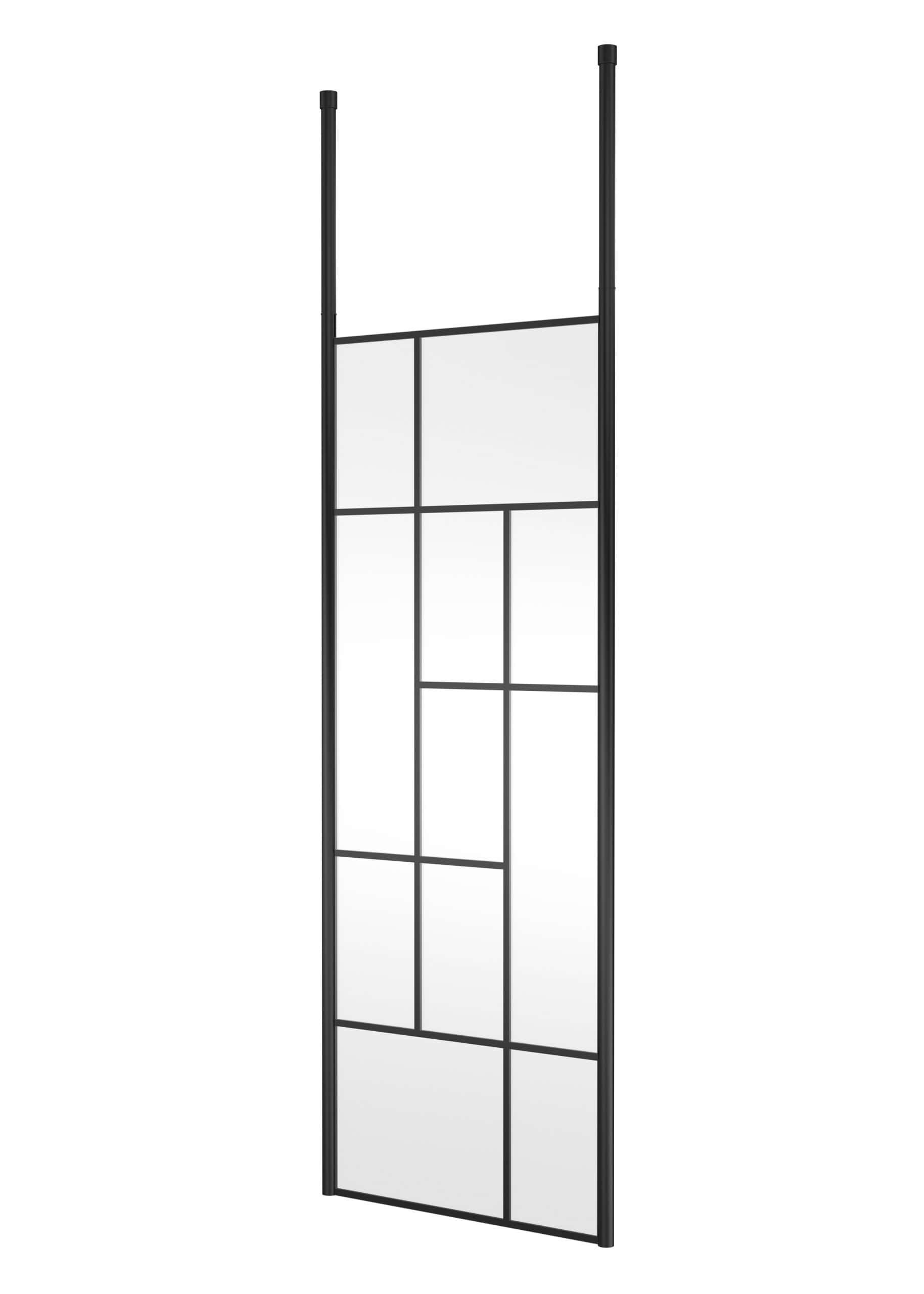 Stylish black metal bathroom partition with glass panels, modern and functional design, ideal for creating separated spaces in bathrooms or shower areas. Suitable for contemporary bathroom interiors.