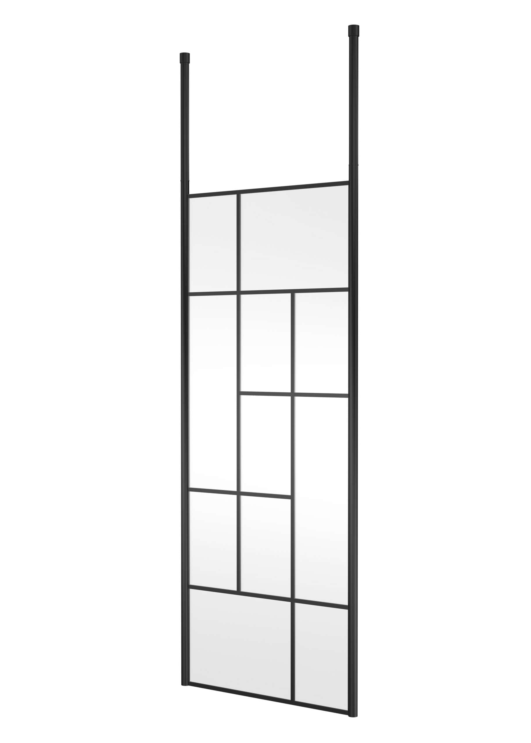 Sleek black-framed bathroom mirror panel with multiple sections, perfect for modern bathrooms, providing both style and functionality for bathroom renovation and decor.