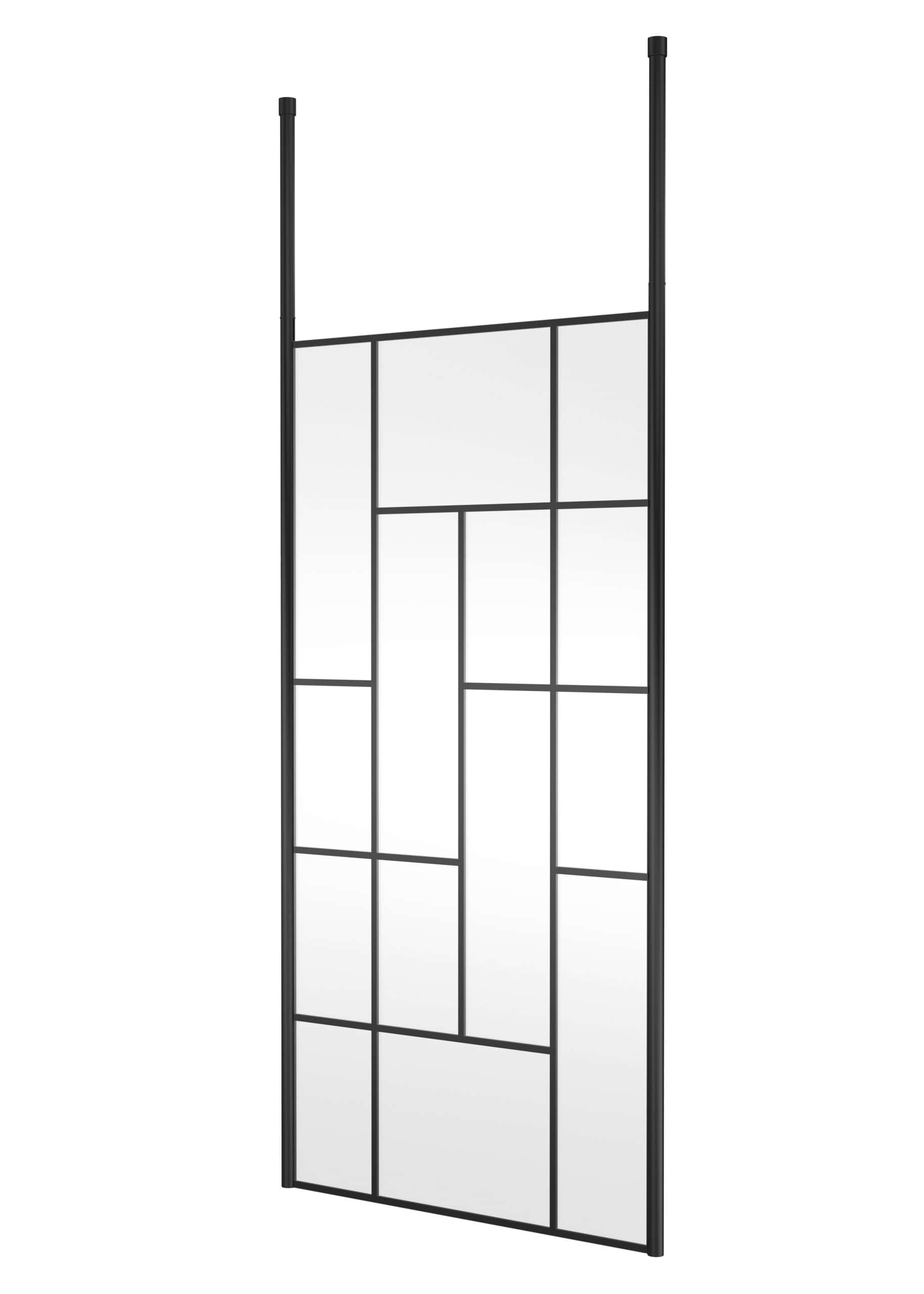 Stylish black framed full-length bathroom mirror with multiple panes, perfect for modern bathrooms and enhancing space and light.