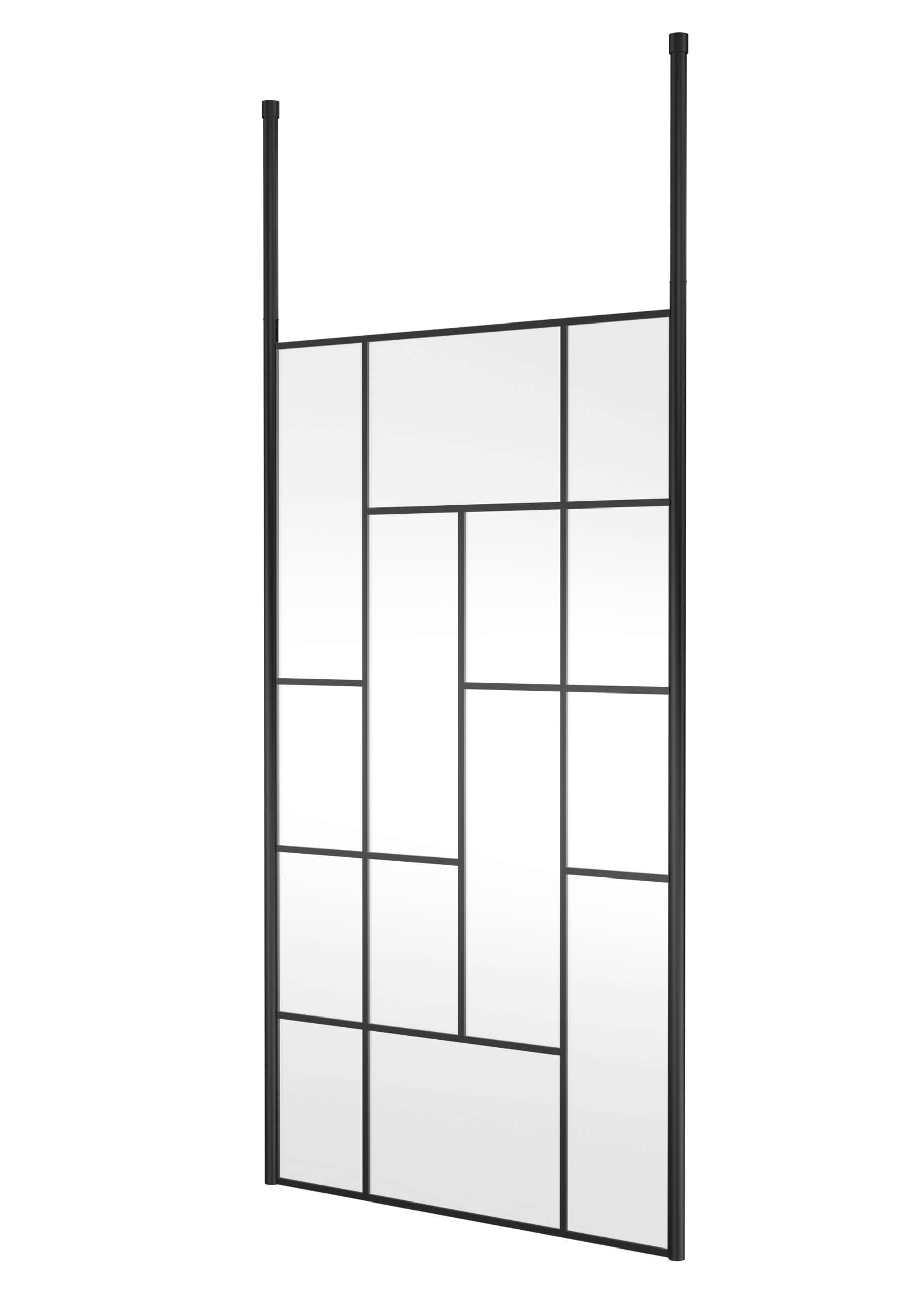 Vintage black metal freestanding room divider with multiple mirror panels for stylish bathroom decor and space separation.
