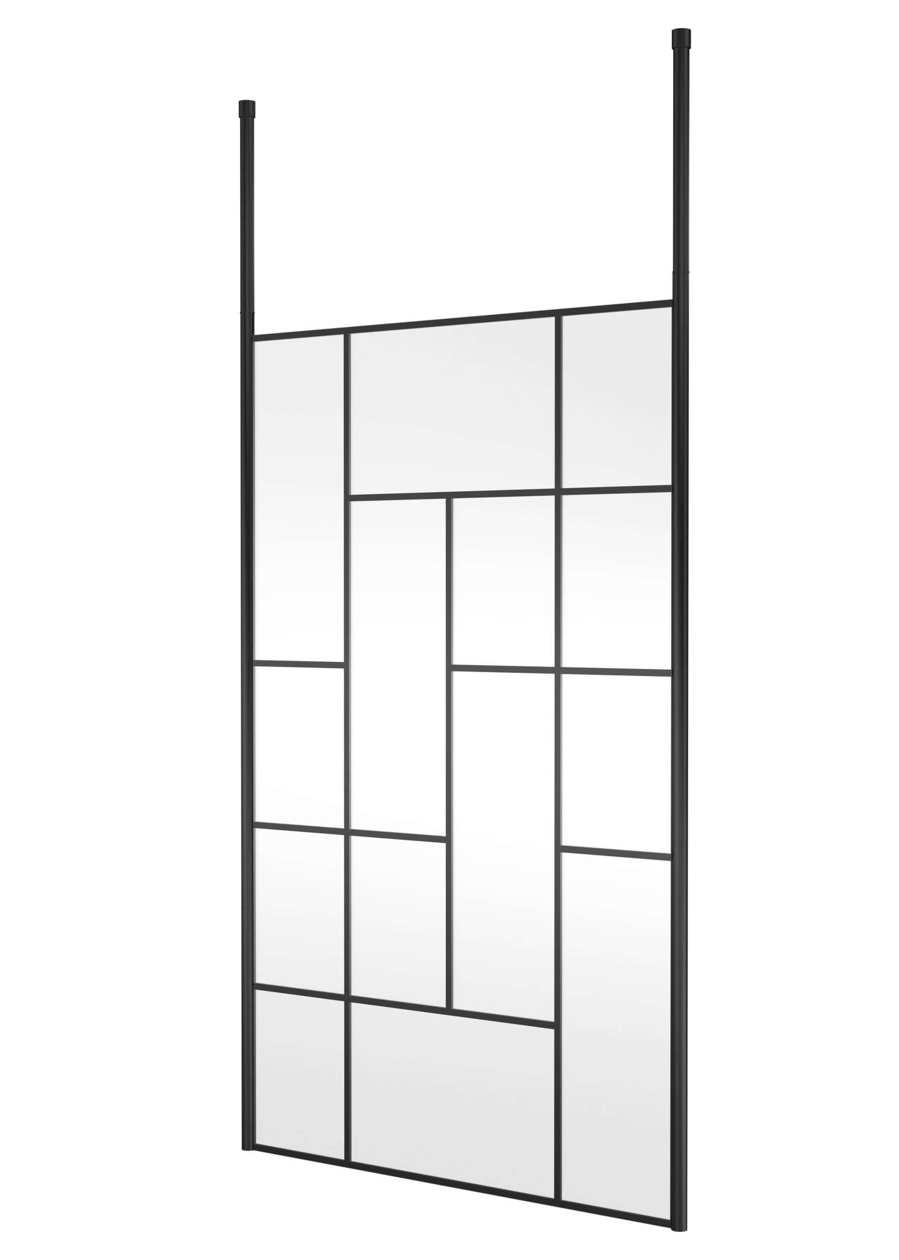 Modern black-framed bathroom mirror panel with multiple sections, ideal for contemporary bathroom decor and enhancing space with style.