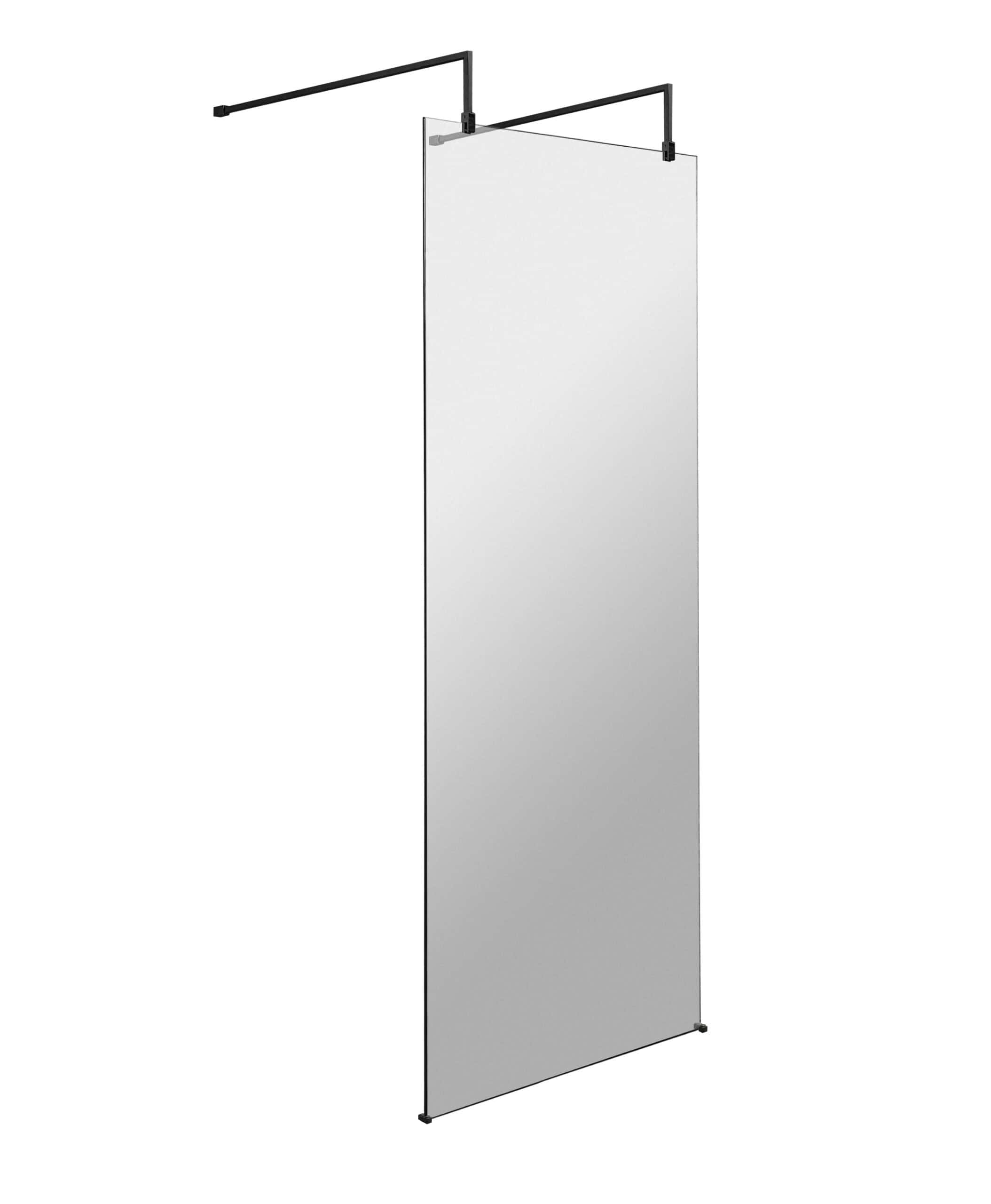 Clear glass shower screen for modern bathroom, black metal frame, easy to install for a stylish and functional shower enclosure. Perfect for contemporary Bubly bathrooms.