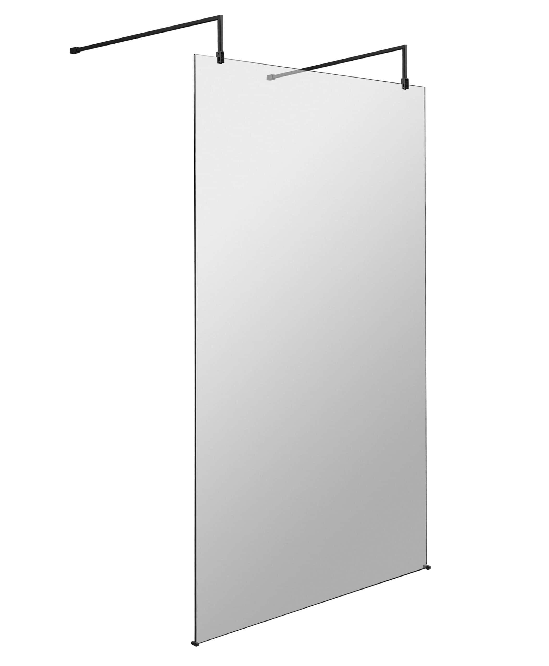 Clear glass shower screen with black metal frame for modern bathroom design. Durable and stylish, ideal for enhancing your bathroom space with sleek, contemporary fixtures.