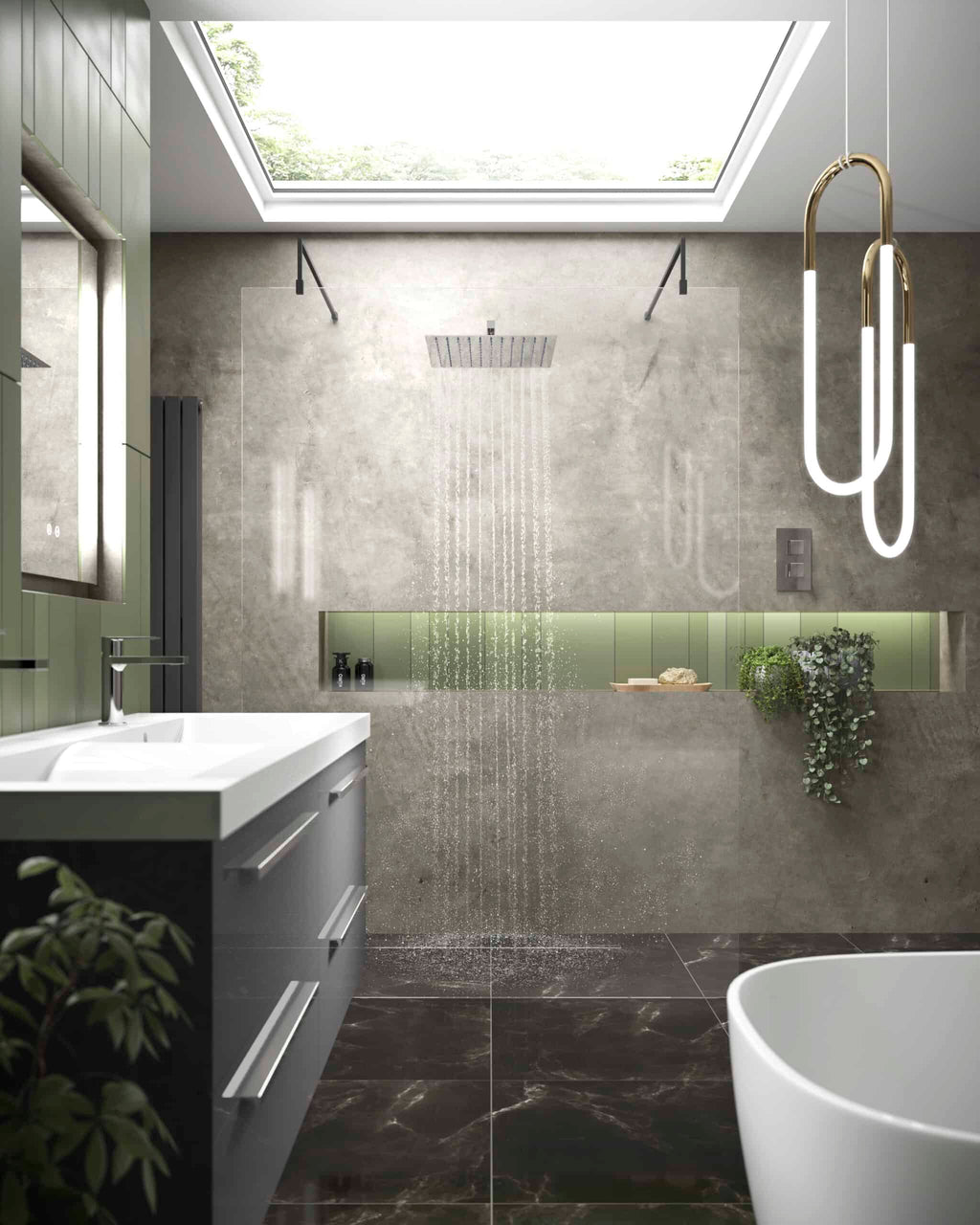 Sleek modern bathroom with walk-in rain shower, minimalist design, neutral tones, and contemporary lighting fixtures, ideal for luxury bathroom renovations and stylish bathroom interiors.