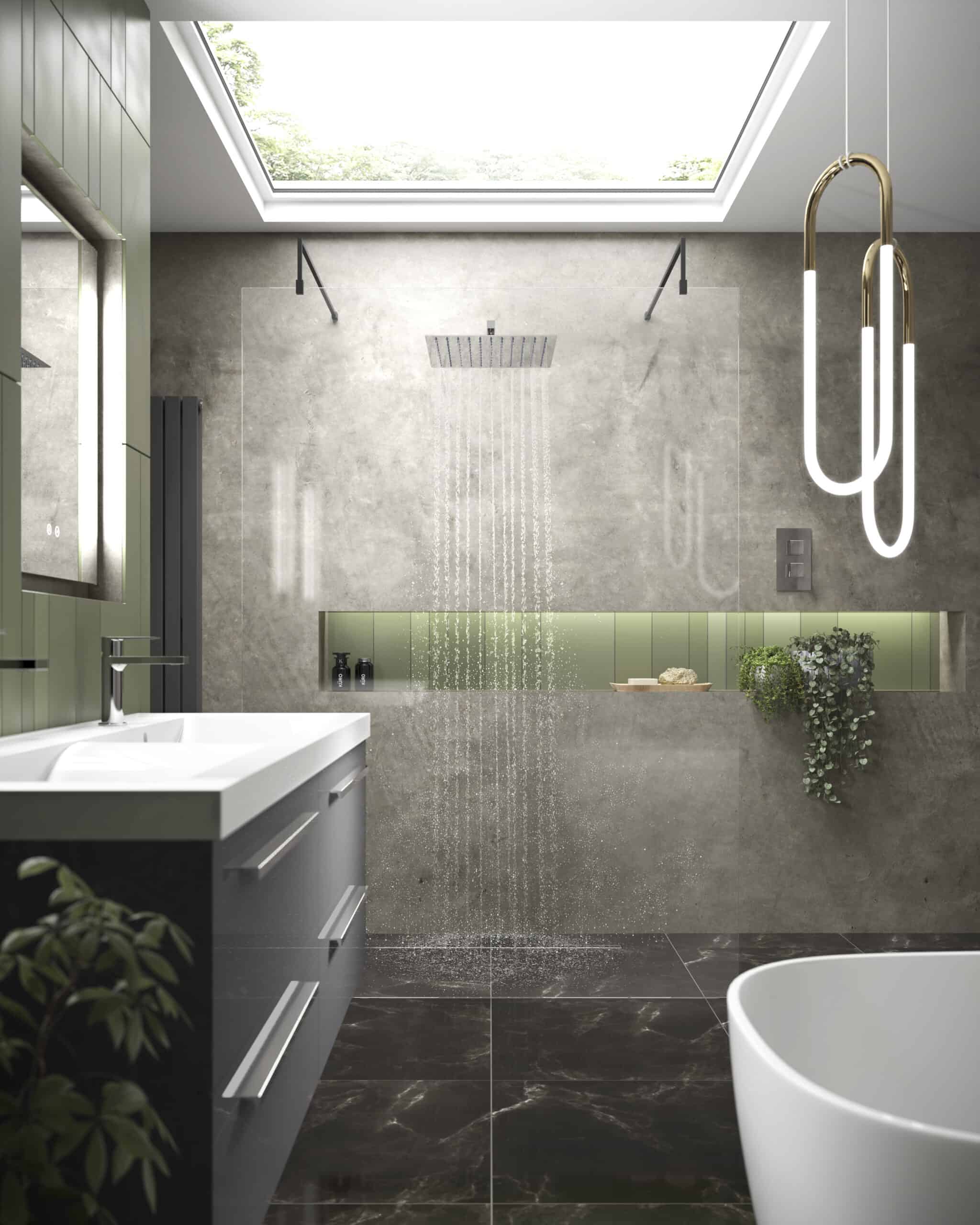 Sleek modern bathroom with walk-in rain shower, minimalist design, neutral tones, and contemporary lighting fixtures, ideal for luxury bathroom renovations and stylish bathroom interiors.