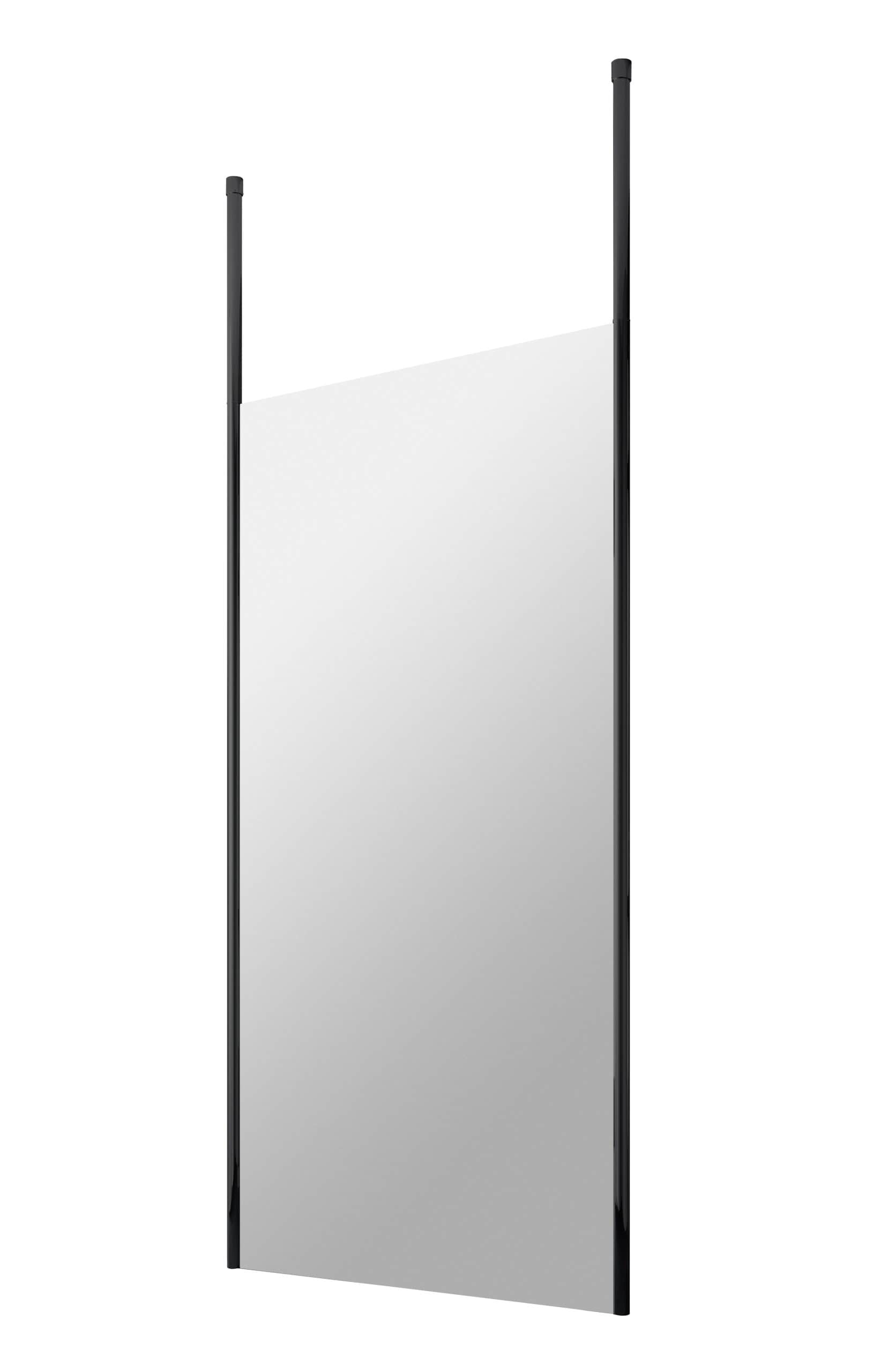 Modern minimalist bathroom glass shower screen with black frame and hardware, designed for contemporary bathroom renovations and provide a sleek, functional shower enclosure.