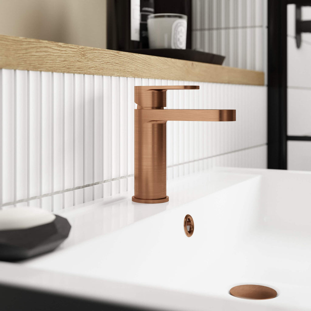 Brushed copper bathroom sink tap, modern bathroom fixture, stylish copper basin mixer tap for contemporary bathrooms, Bubly Bathrooms UK.