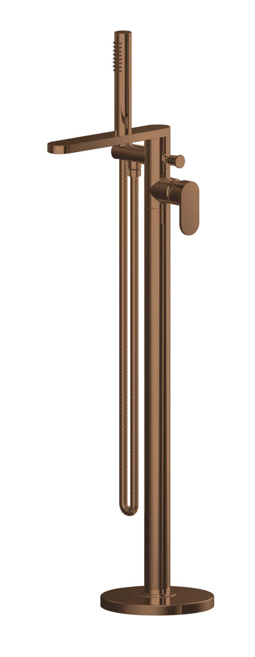 Bronze freestanding bathtub filler with hand shower, modern bathroom tap, and elegant design for luxury bathrooms. Perfect for contemporary bathroom renovation projects.