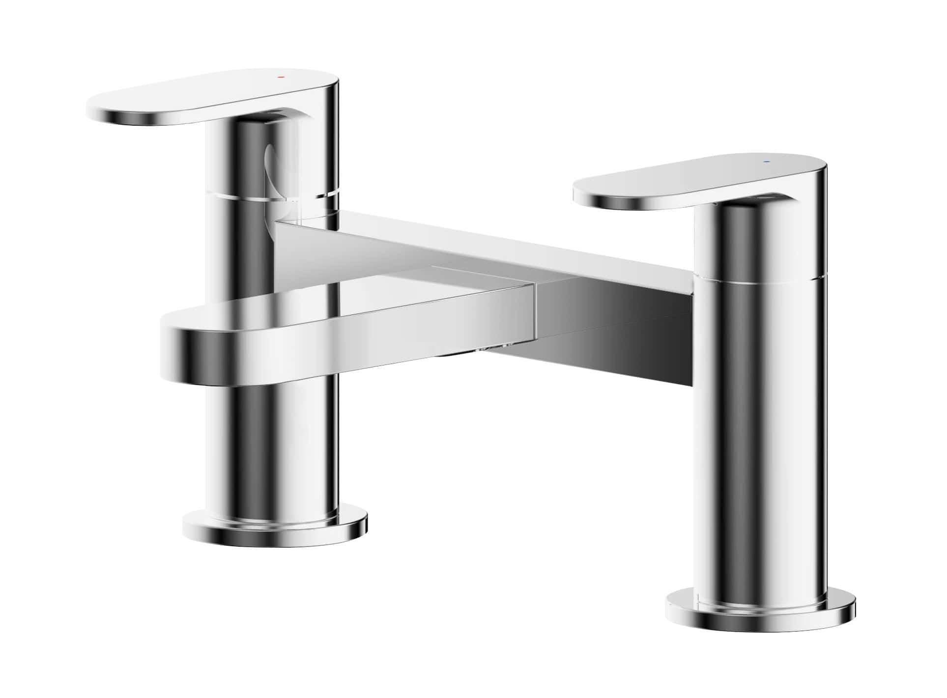 Shiny modern chrome bathroom tap with dual handles for hot and cold water, sleek contemporary design.