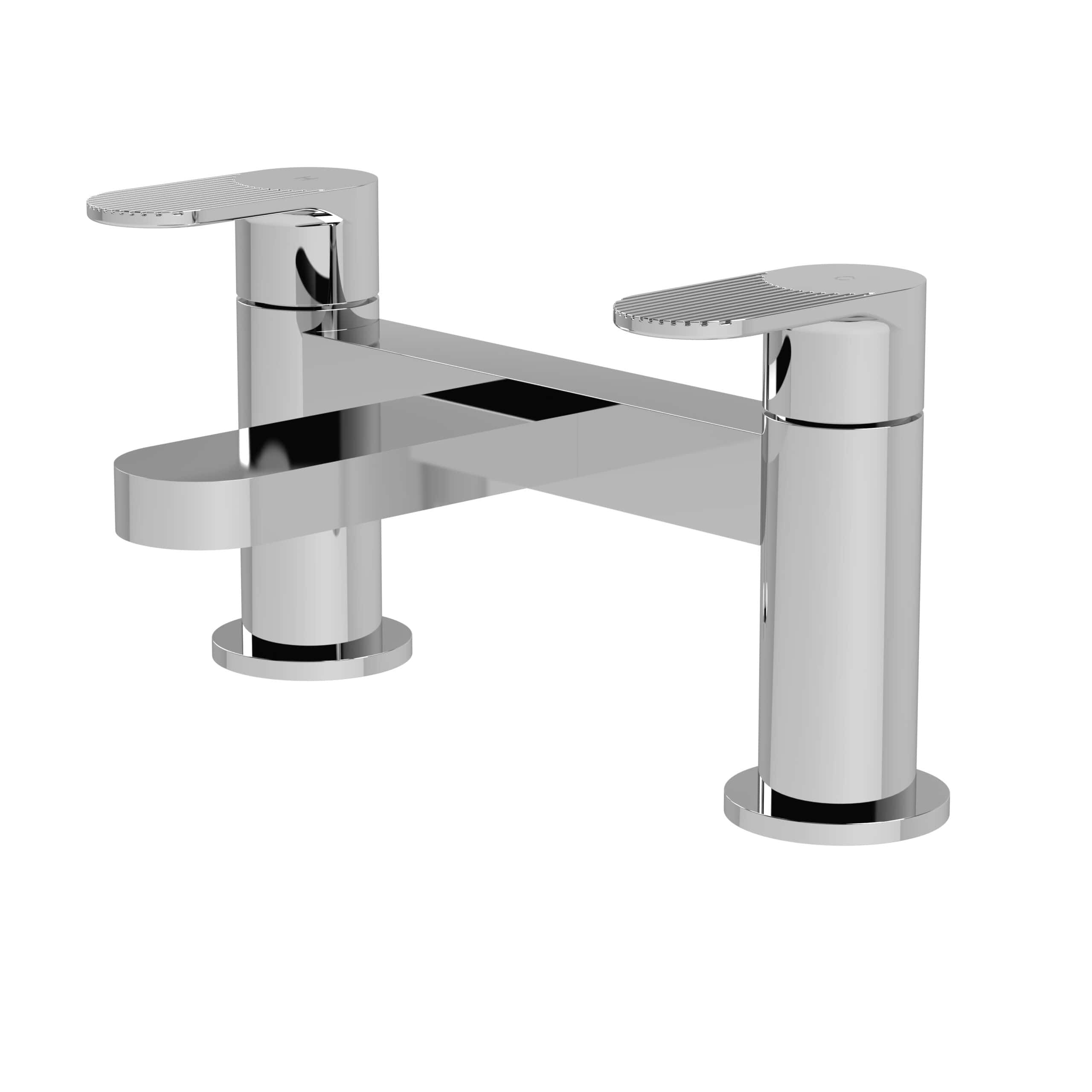 Polished chrome bathroom tap with contemporary design, featuring dual spouts and modern aesthetic. Suitable for stylish bathroom renovations and high-end fixtures.