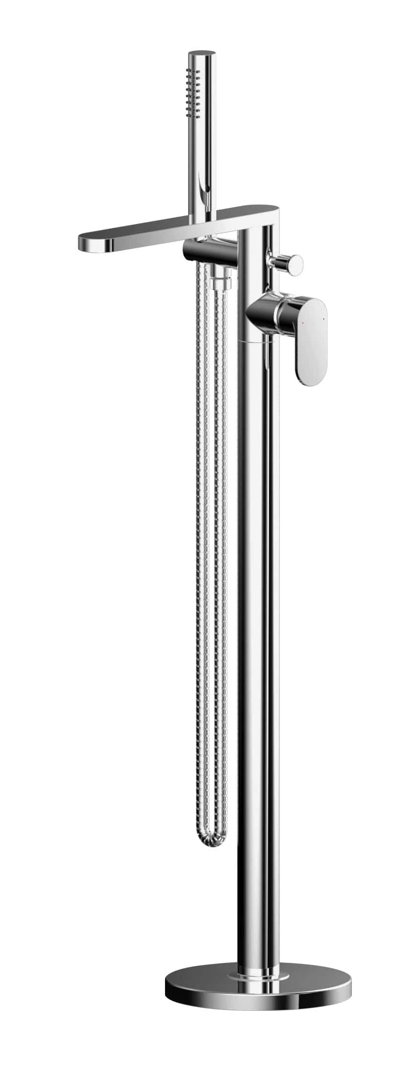 Sleek chrome freestanding bathroom shower mixer with handheld shower head and adjustable height, ideal for modern bathrooms, durable and easy to install.