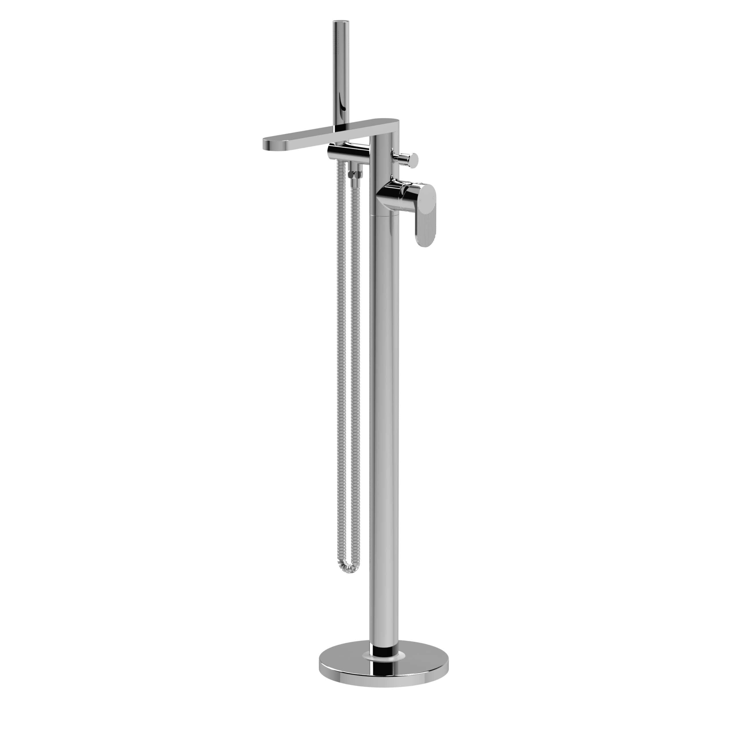 Polished chrome freestanding bath filler with handheld shower, modern bathroom fixture from Bubly Bathrooms.