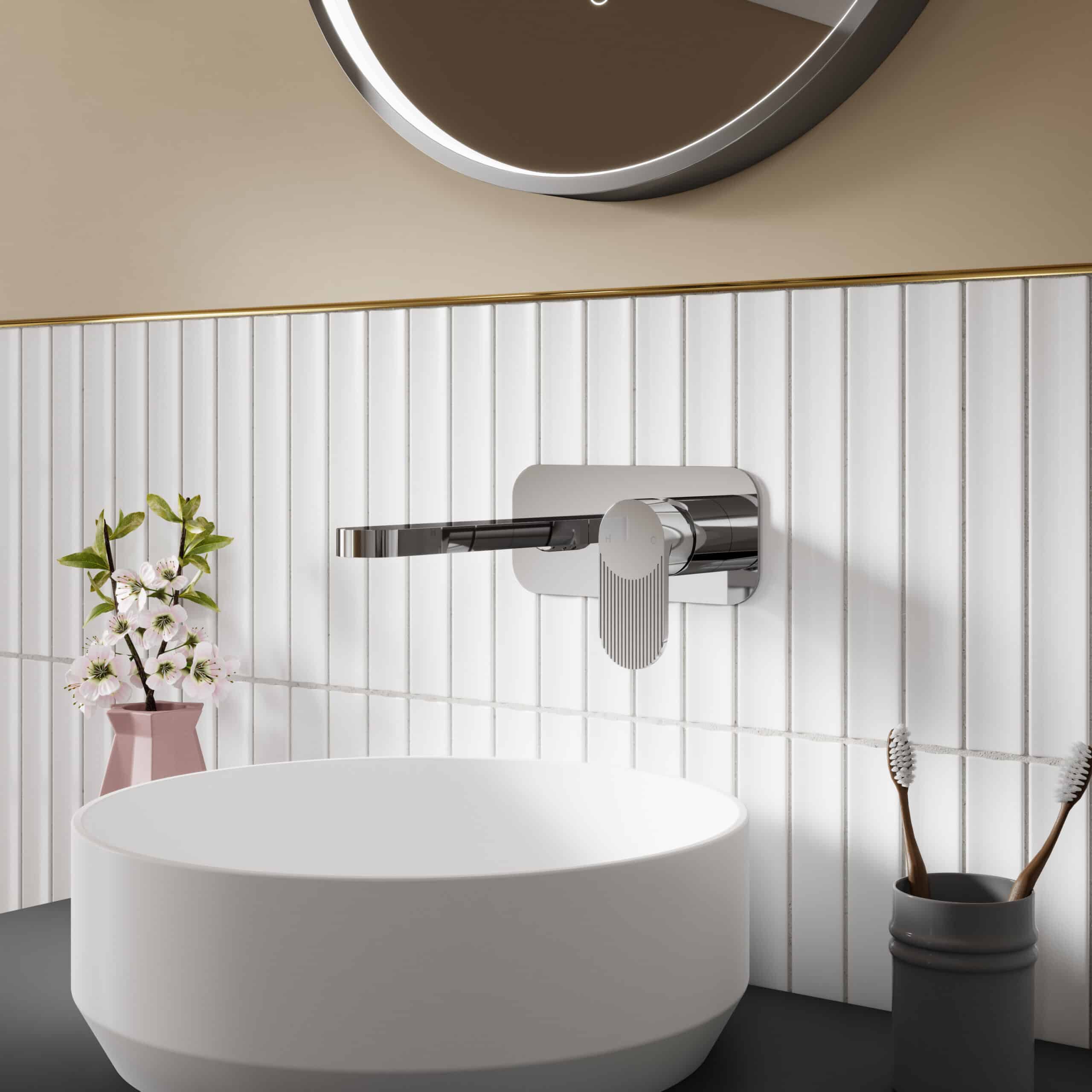 Sleek modern chrome bathroom tap with adjustable temperature control, mounted on white tiled wall, ideal for contemporary bathroom design with minimalist aesthetics.