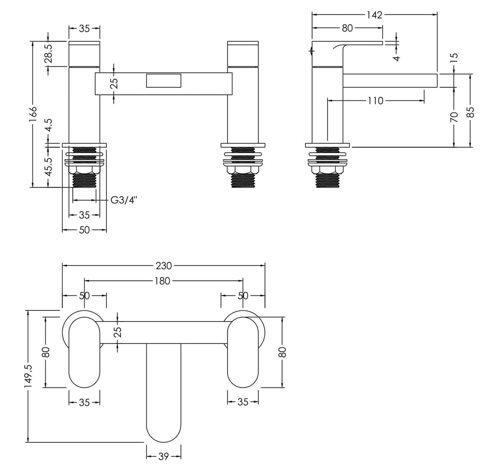 Chrome bathroom mixer tap with detailed technical drawing for Bubly Bathrooms UK. Ideal for modern bathroom designs with precise dimensions and installation info.