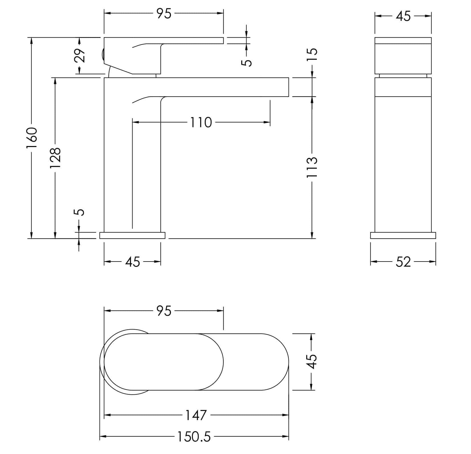 Sleek modern bathroom tap design with precise technical dimensions, ideal for contemporary bathroom renovations and installations.