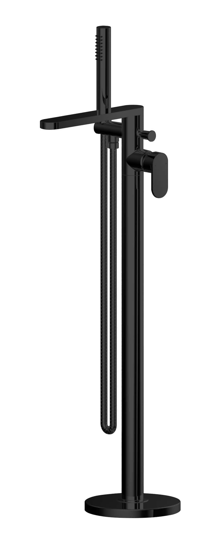Modern black freestanding shower mixer with handheld shower attachment for stylish and functional bathroom upgrades.